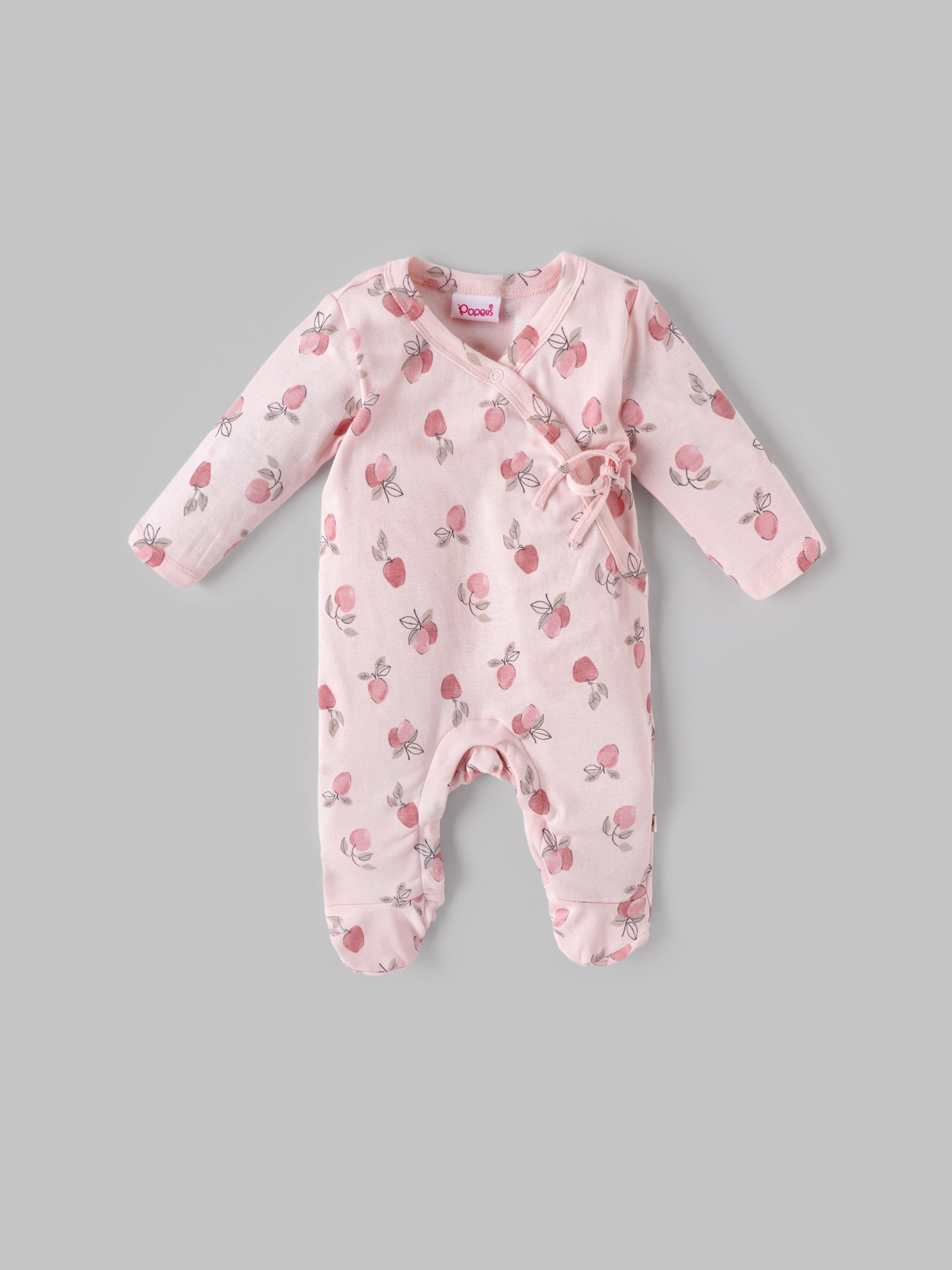 Popees Baby Girls Floral Print Full Sleeve Cotton Sleepsuit with Side Tie| Pink| Newborn to 6 Months