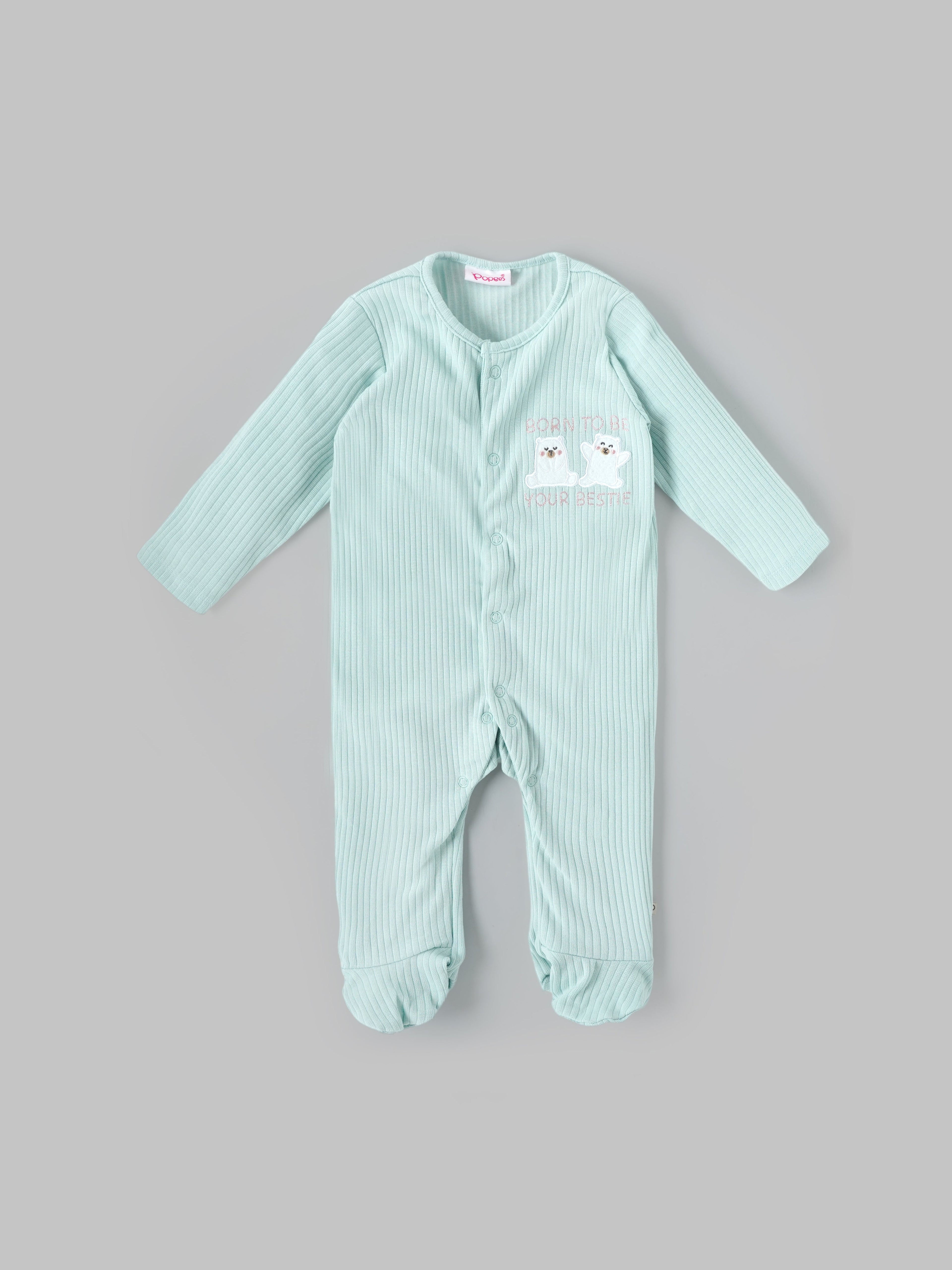 Popees Unisex Baby Ribbed Cotton Full Sleeve Footed Sleepsuit with Snap Button Closure & Bear Embroidery (NB–9 Months)