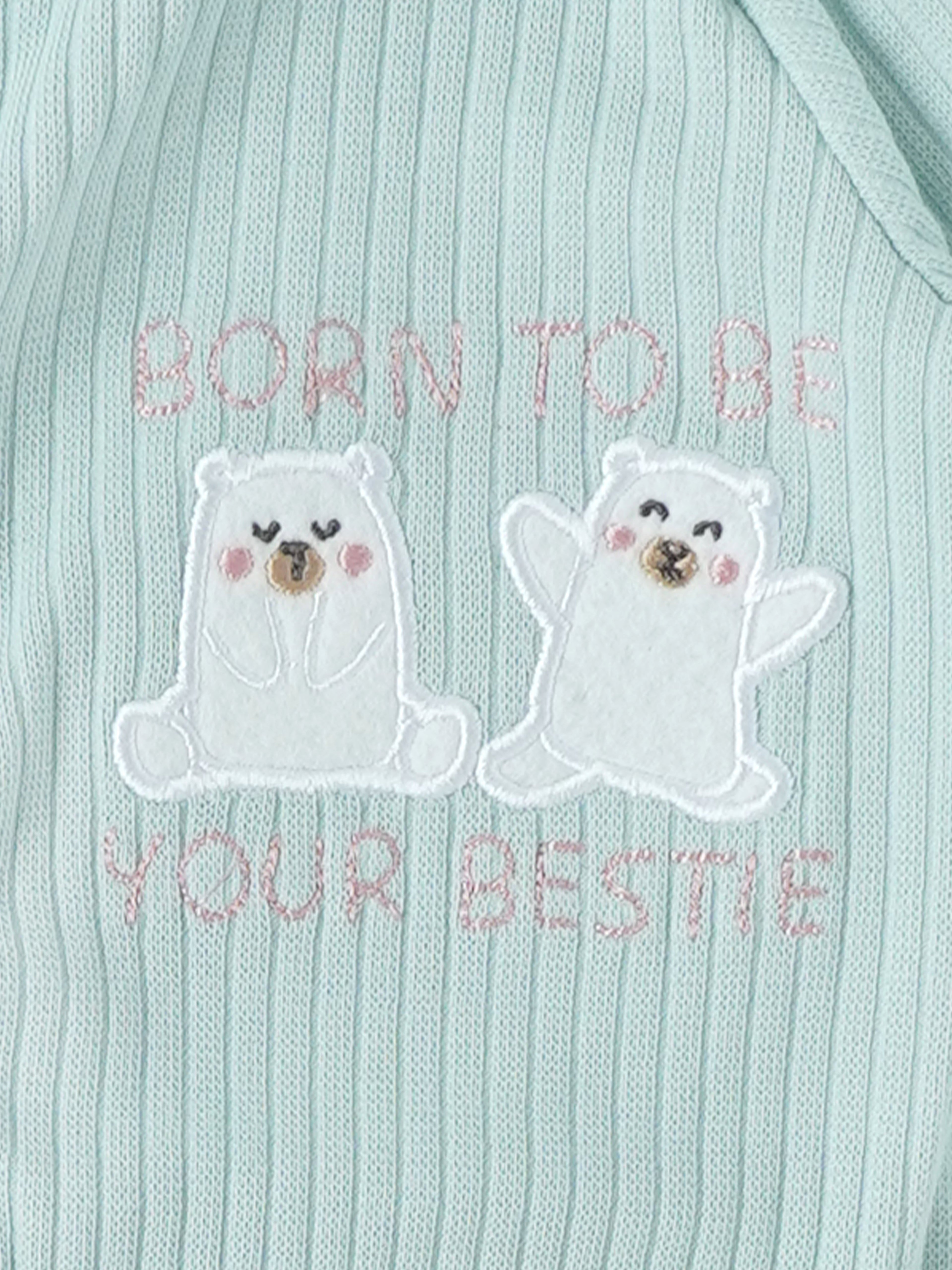 Popees Unisex Baby Ribbed Cotton Full Sleeve Footed Sleepsuit with Snap Button Closure & Bear Embroidery (NB–9 Months)