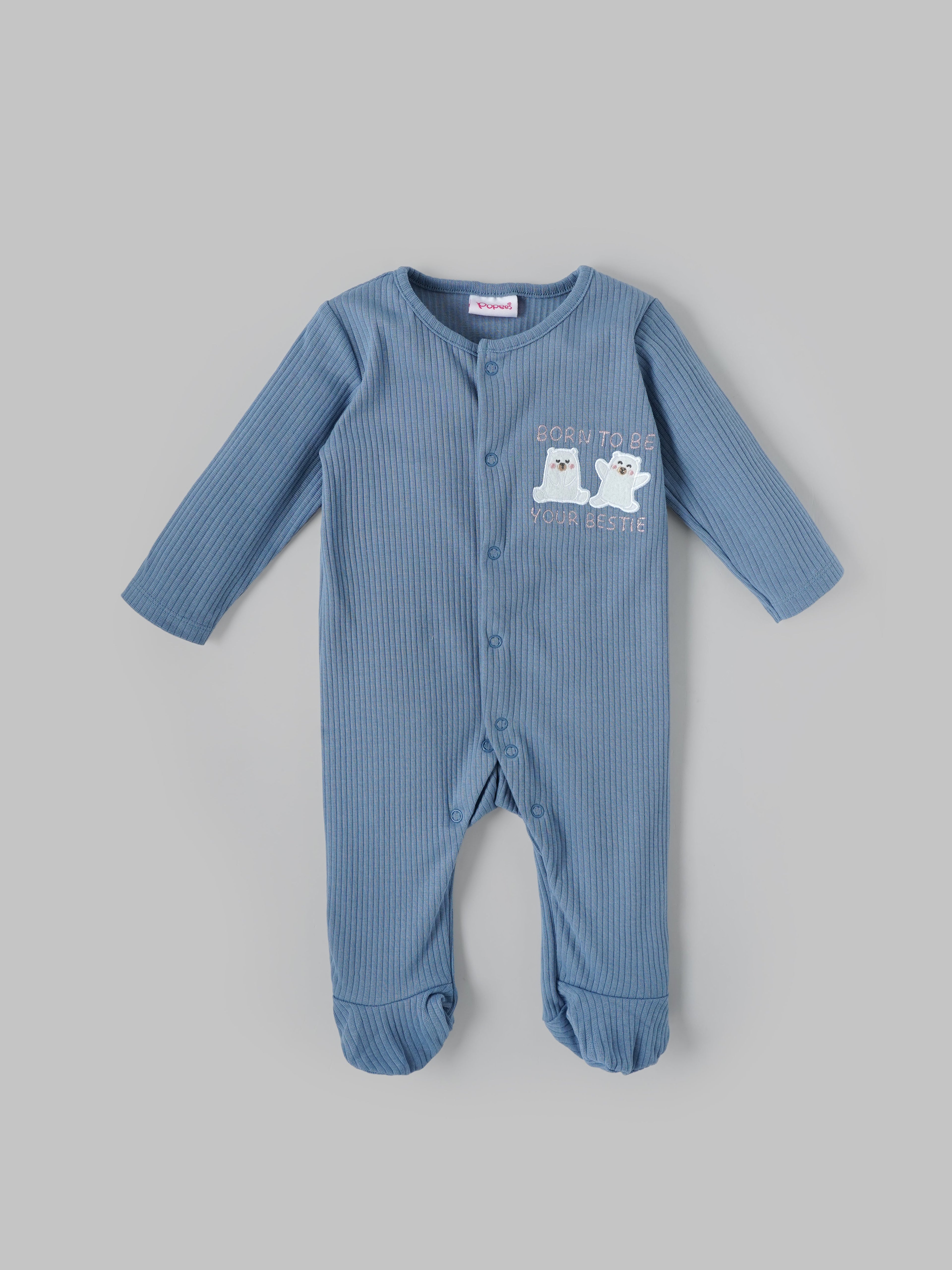 Popees Unisex Baby Ribbed Cotton Full Sleeve Footed Sleepsuit| NB–9 Months
