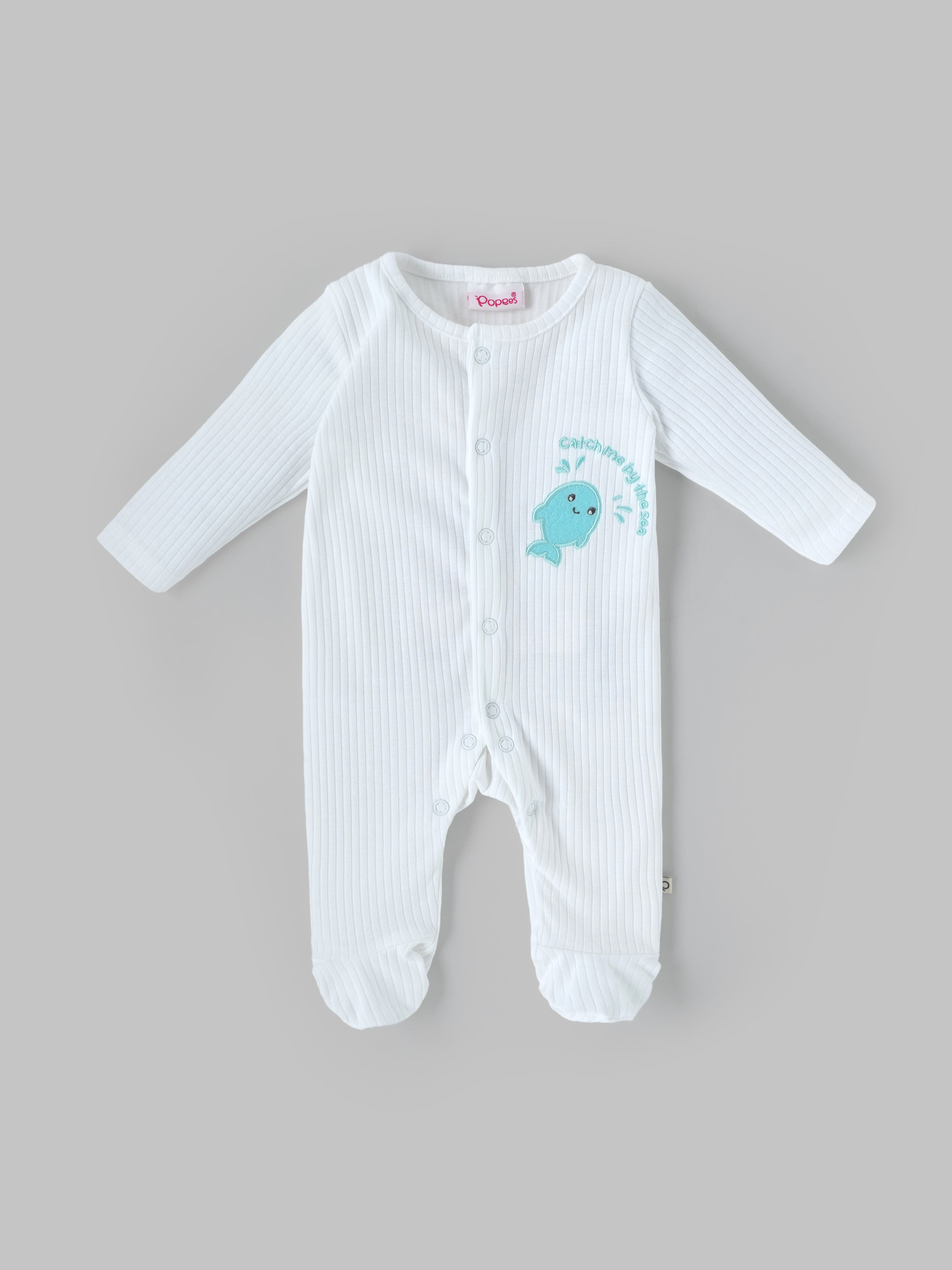 Popees Unisex Baby Ribbed Cotton Full Sleeve Footed Sleepsuit with Snap Closure| NB–9M