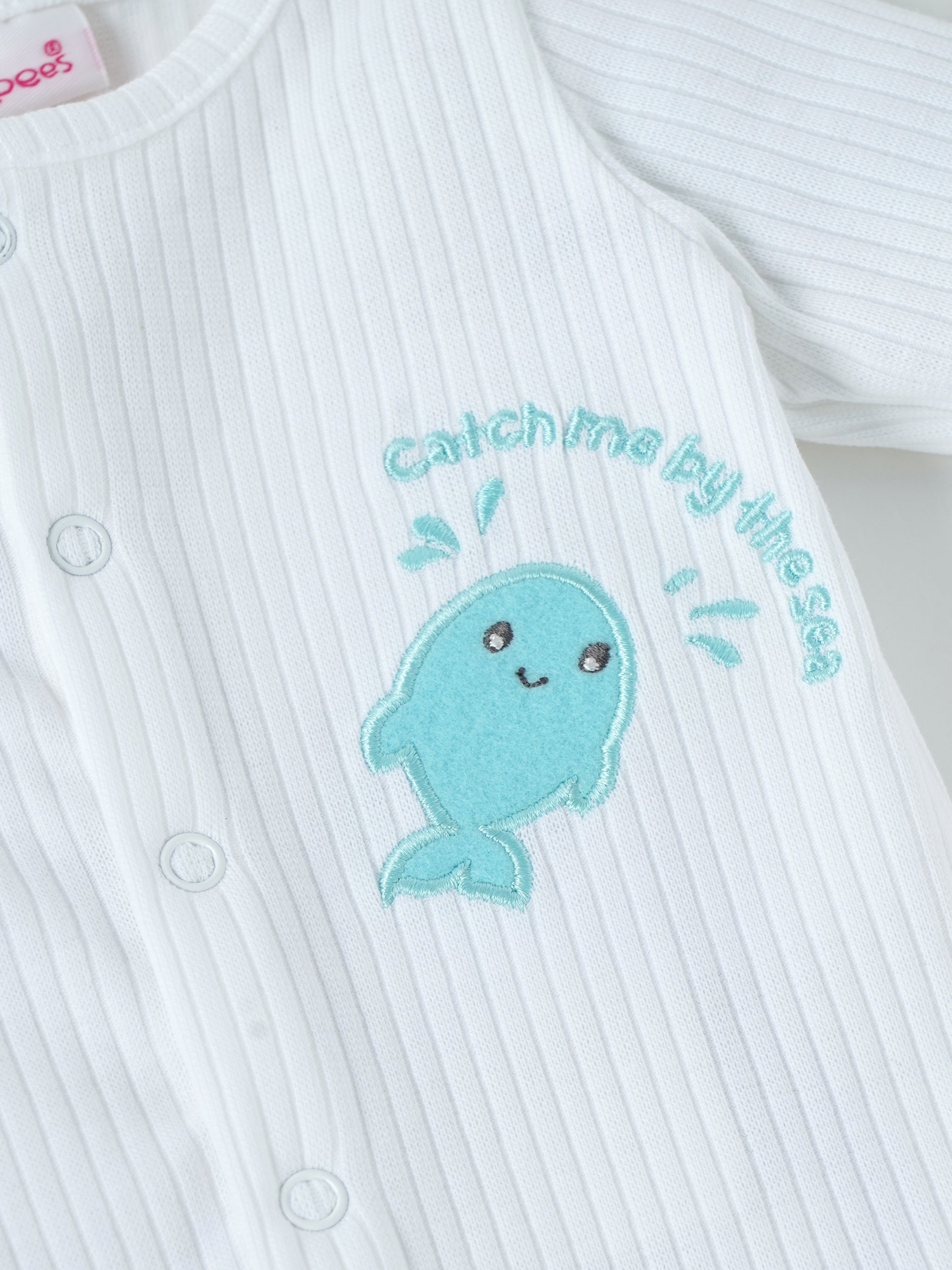 Popees Unisex Baby Ribbed Cotton Full Sleeve Footed Sleepsuit with Snap Closure| NB–9M