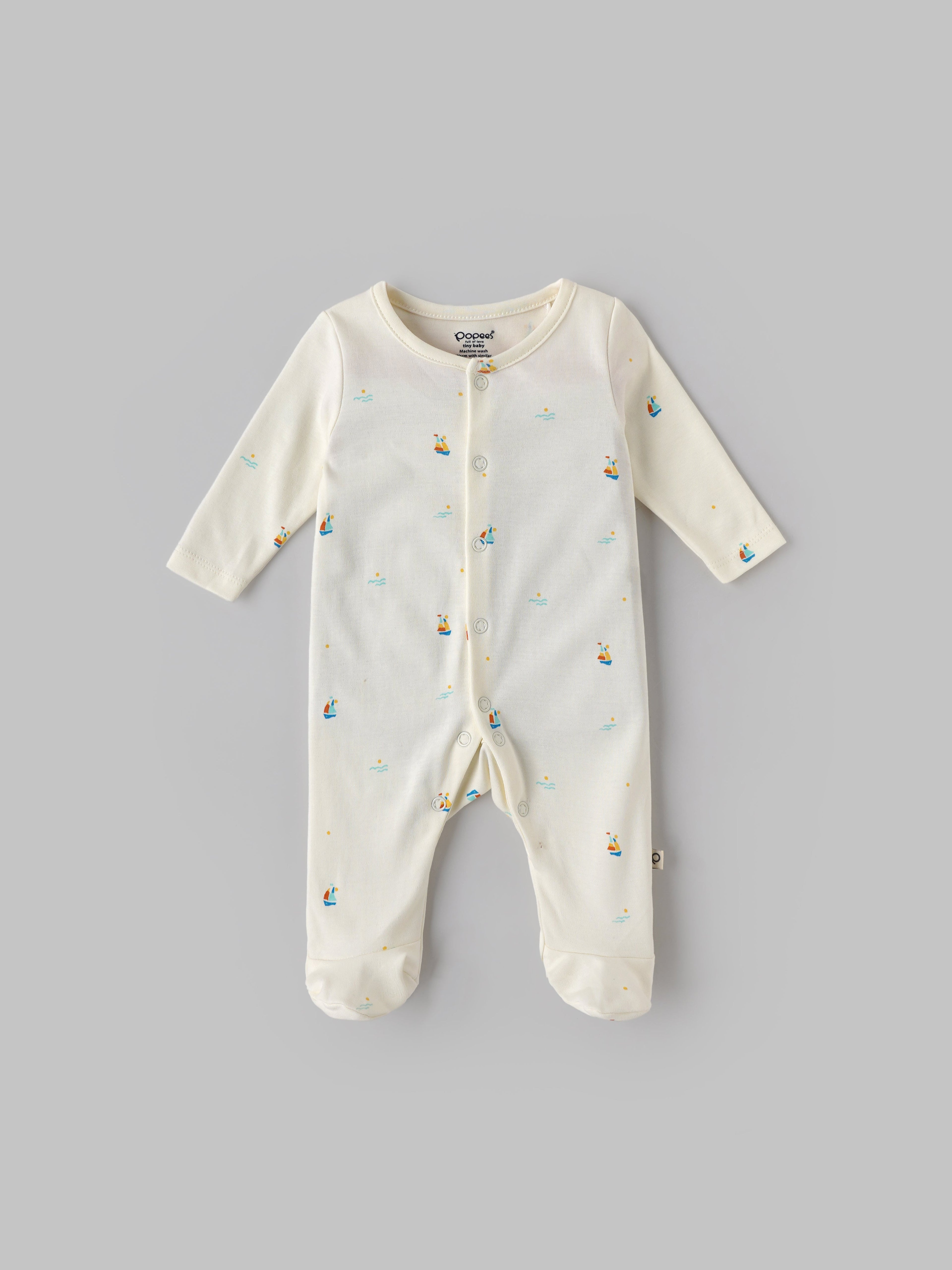Popees Baby Unisex Cotton Sleepsuit with Sailboat Print| Cream| Tiny Baby To 6 Months