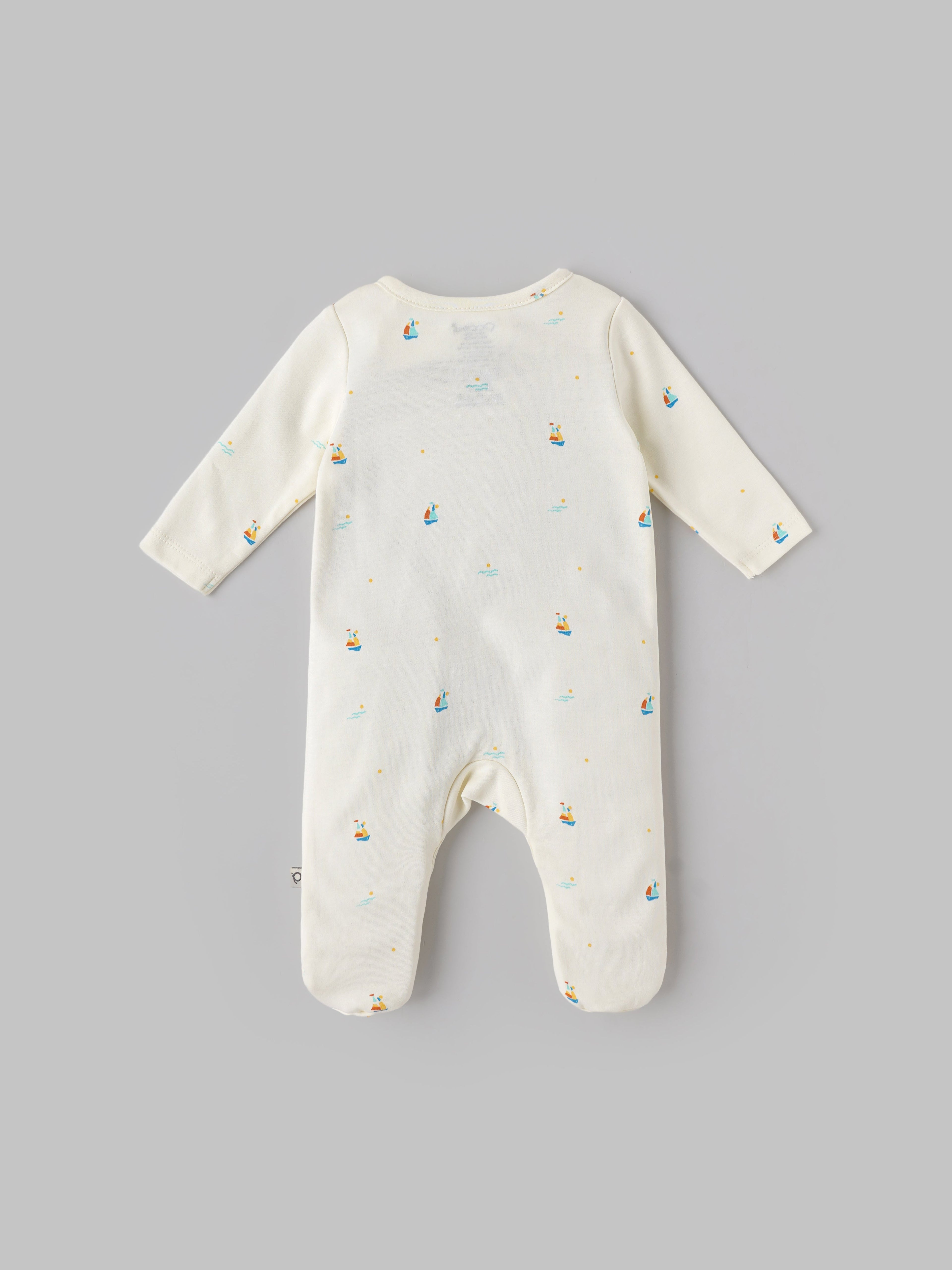 Popees Baby Unisex Cotton Sleepsuit with Sailboat Print| Cream| Tiny Baby To 6 Months