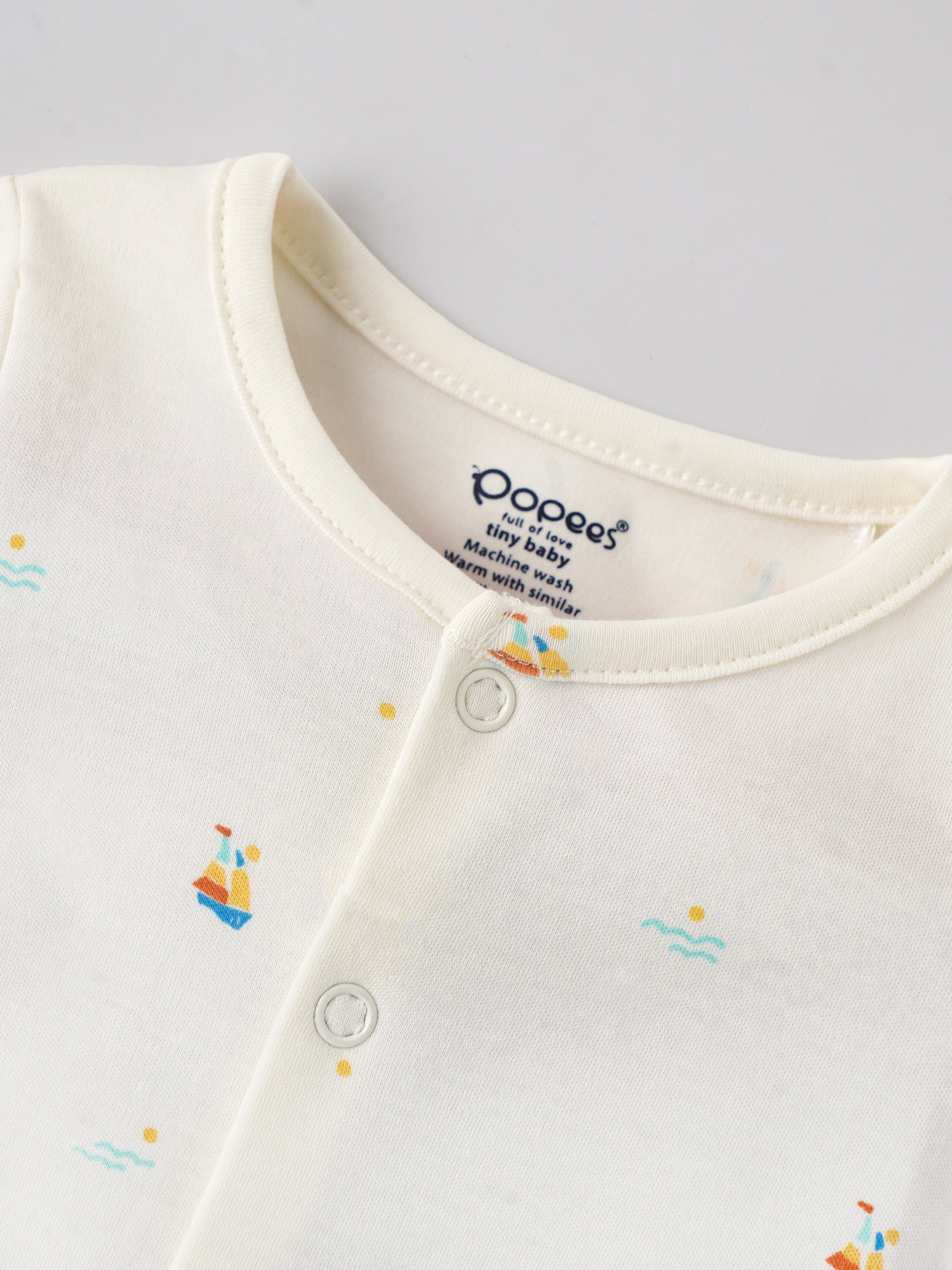 Popees Baby Unisex Cotton Sleepsuit with Sailboat Print| Cream| Tiny Baby To 6 Months