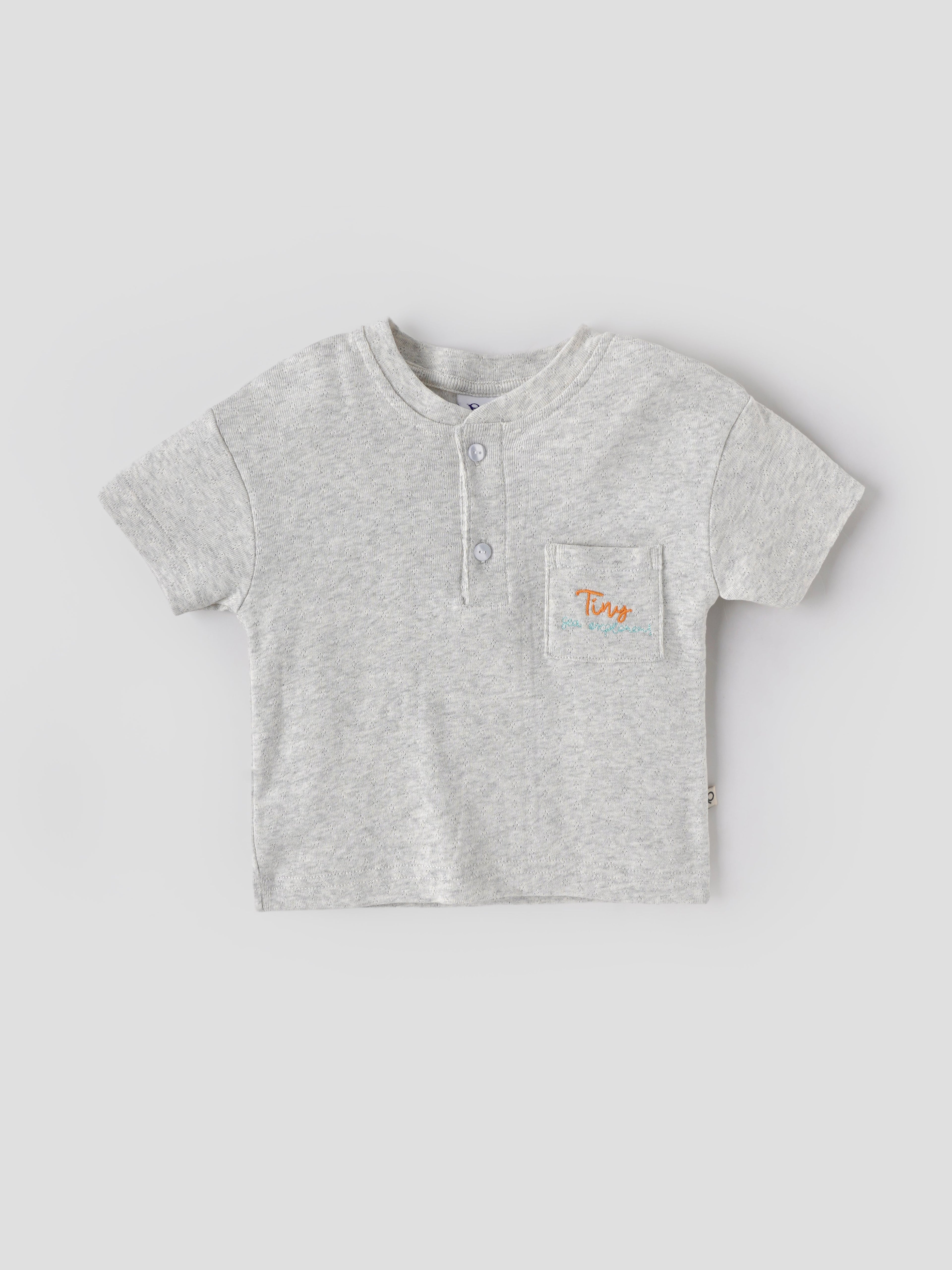 Popees Baby Boys Light Grey Textured Cotton T-Shirt with Embroidered Back Print| 9 Months–4 Years