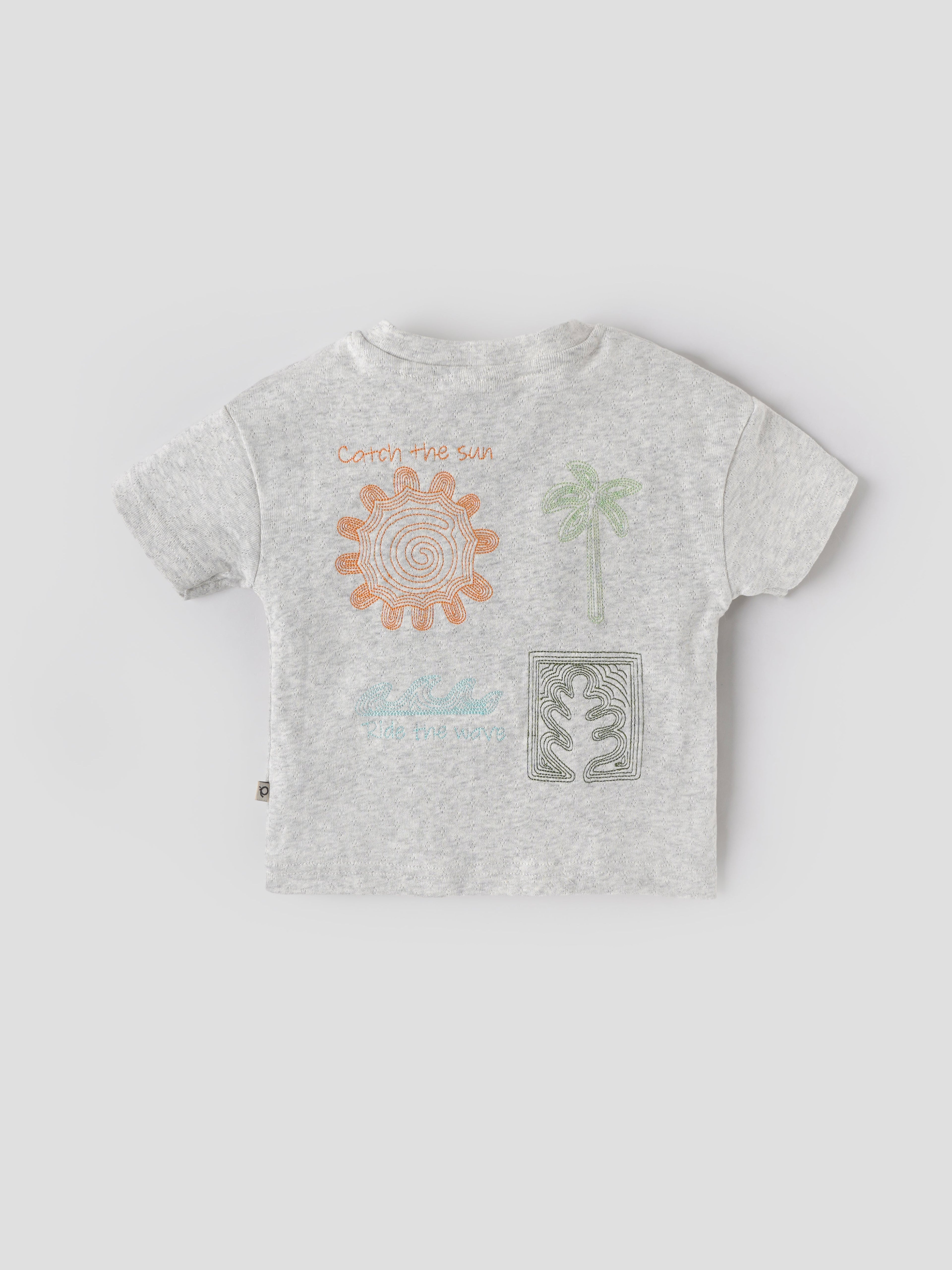 Popees Baby Boys Light Grey Textured Cotton T-Shirt with Embroidered Back Print| 9 Months–4 Years