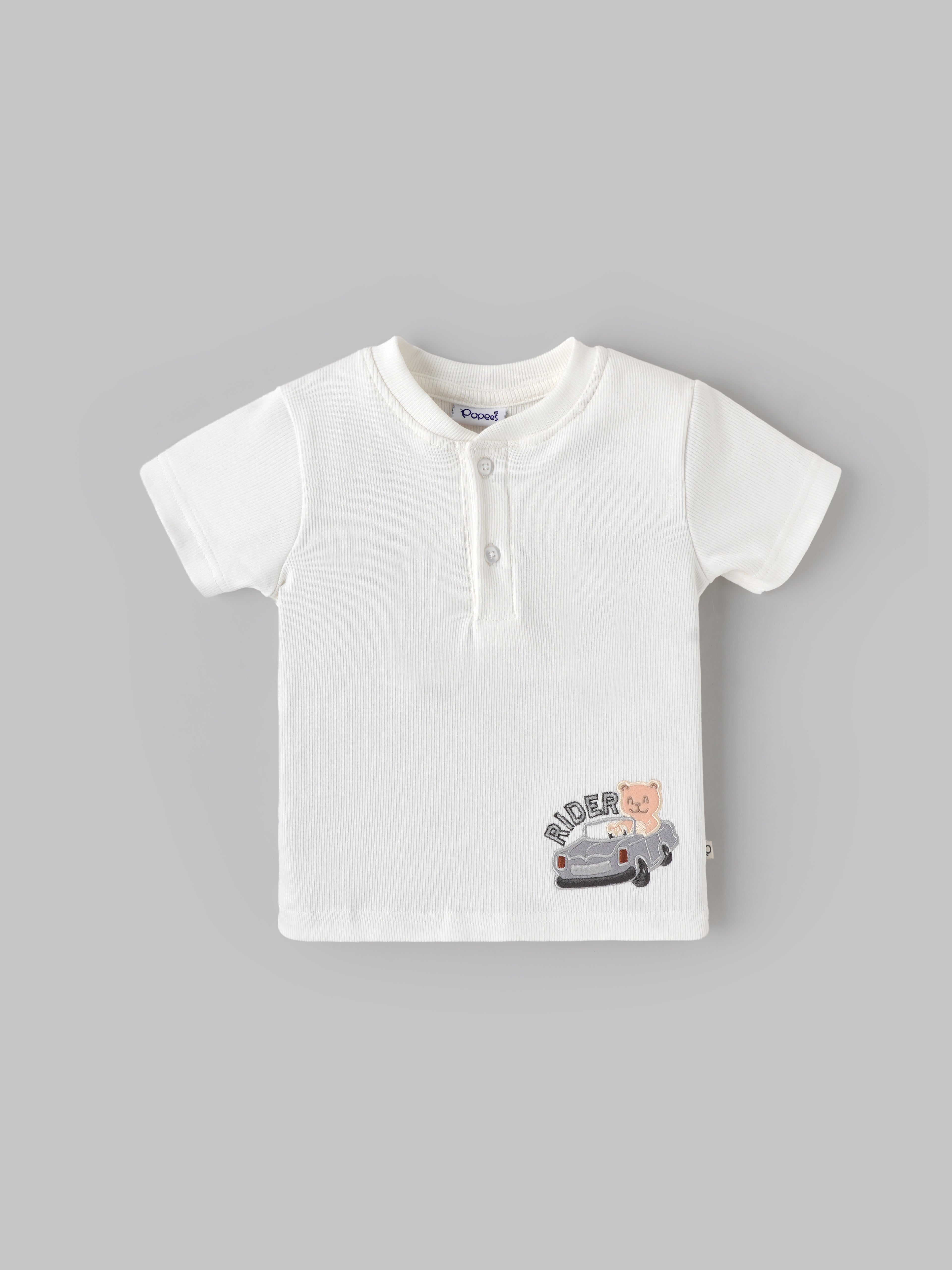 Popees Baby Boys Ribbed Henley T-Shirt with Embroidery| White| 9 Months To 4 Years