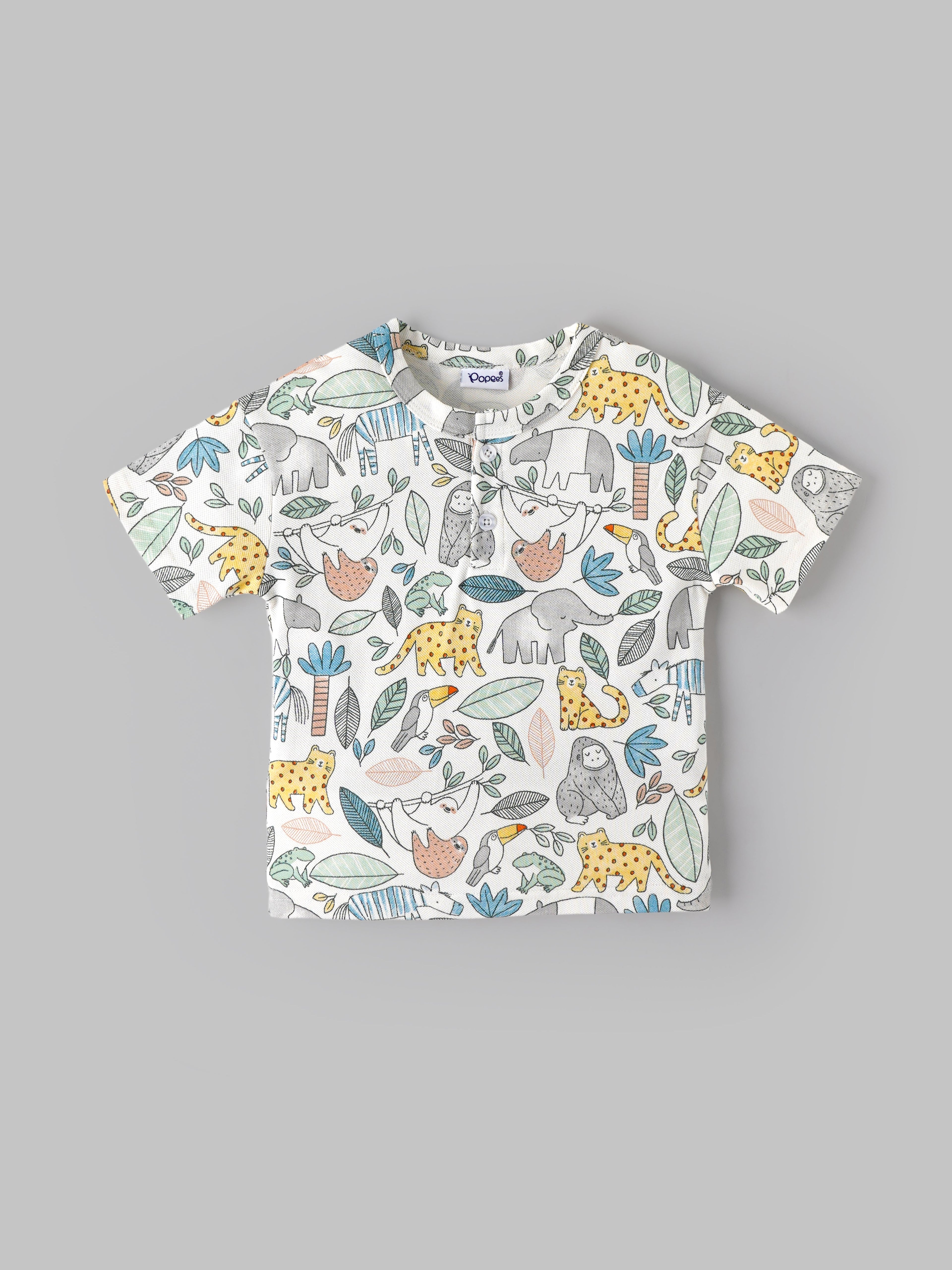 Popees Baby Boys Jungle Animal Print Short Sleeve Cotton Henley T-Shirt| Multi-Color| 9 Months to 4 Years