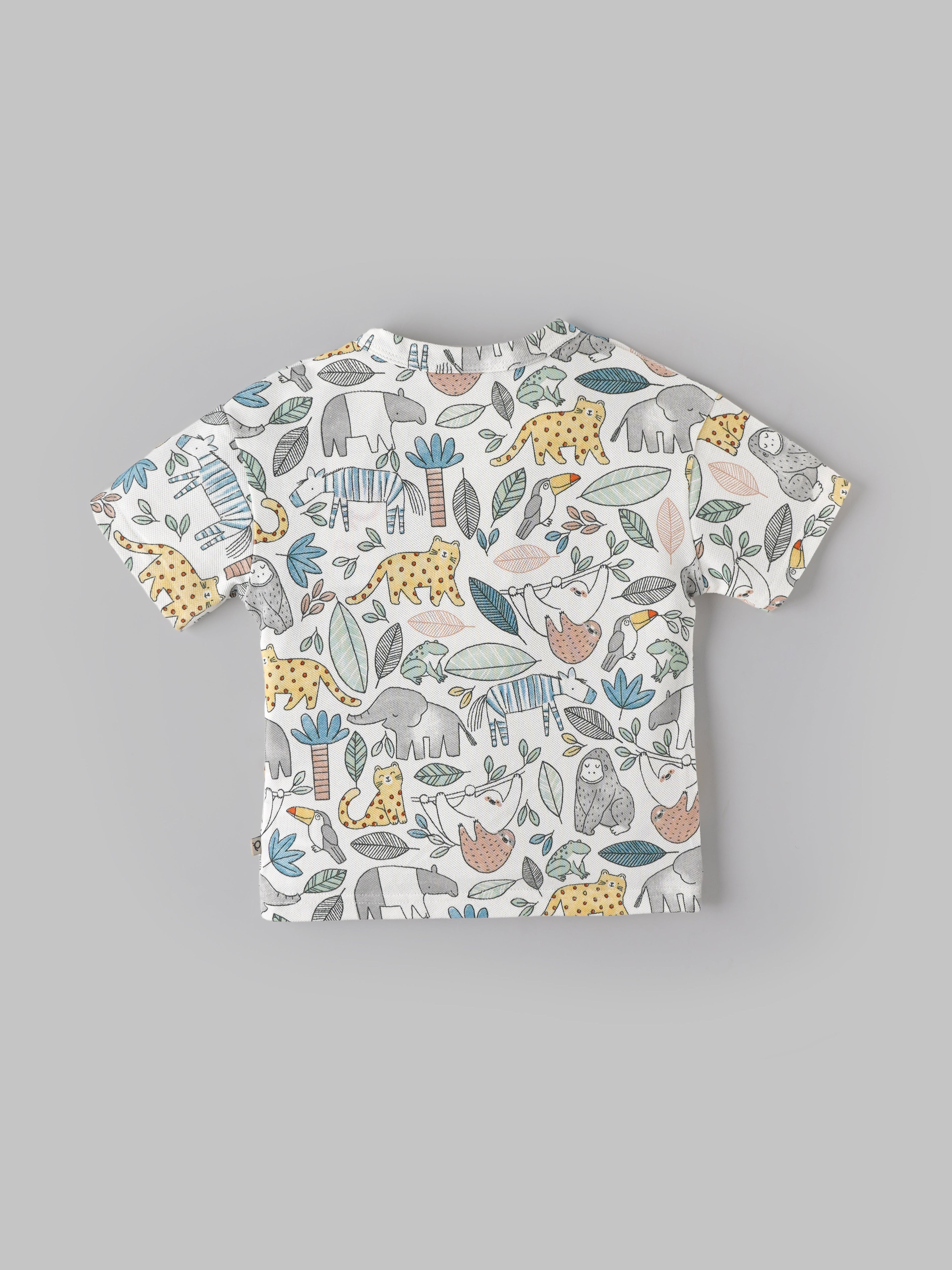 Popees Baby Boys Jungle Animal Print Short Sleeve Cotton Henley T-Shirt| Multi-Color| 9 Months to 4 Years