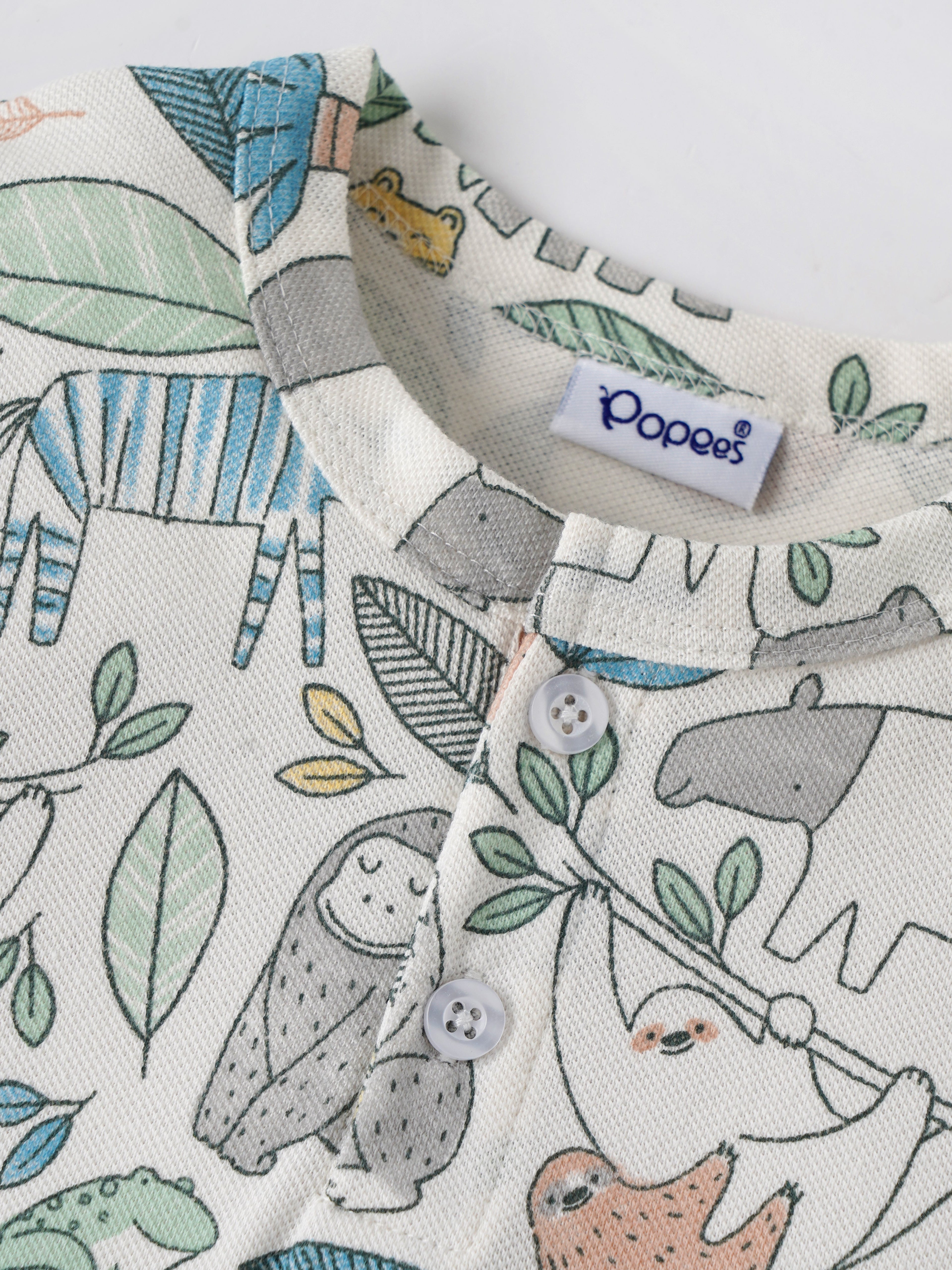 Popees Baby Boys Jungle Animal Print Short Sleeve Cotton Henley T-Shirt| Multi-Color| 9 Months to 4 Years