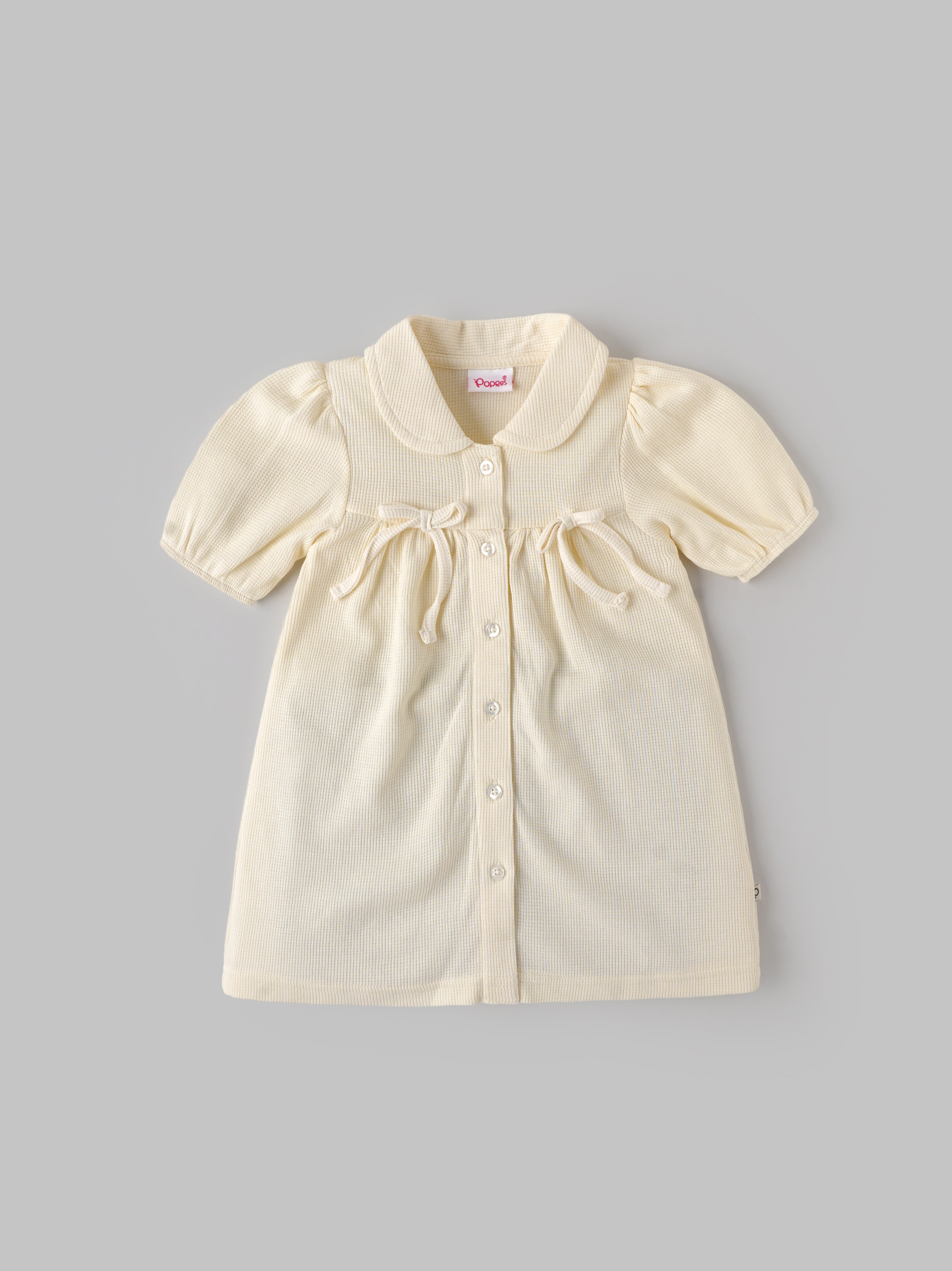 Popees Baby Girls Textured Cotton Dress with Collar| Cream| 9 Months To 4 Years