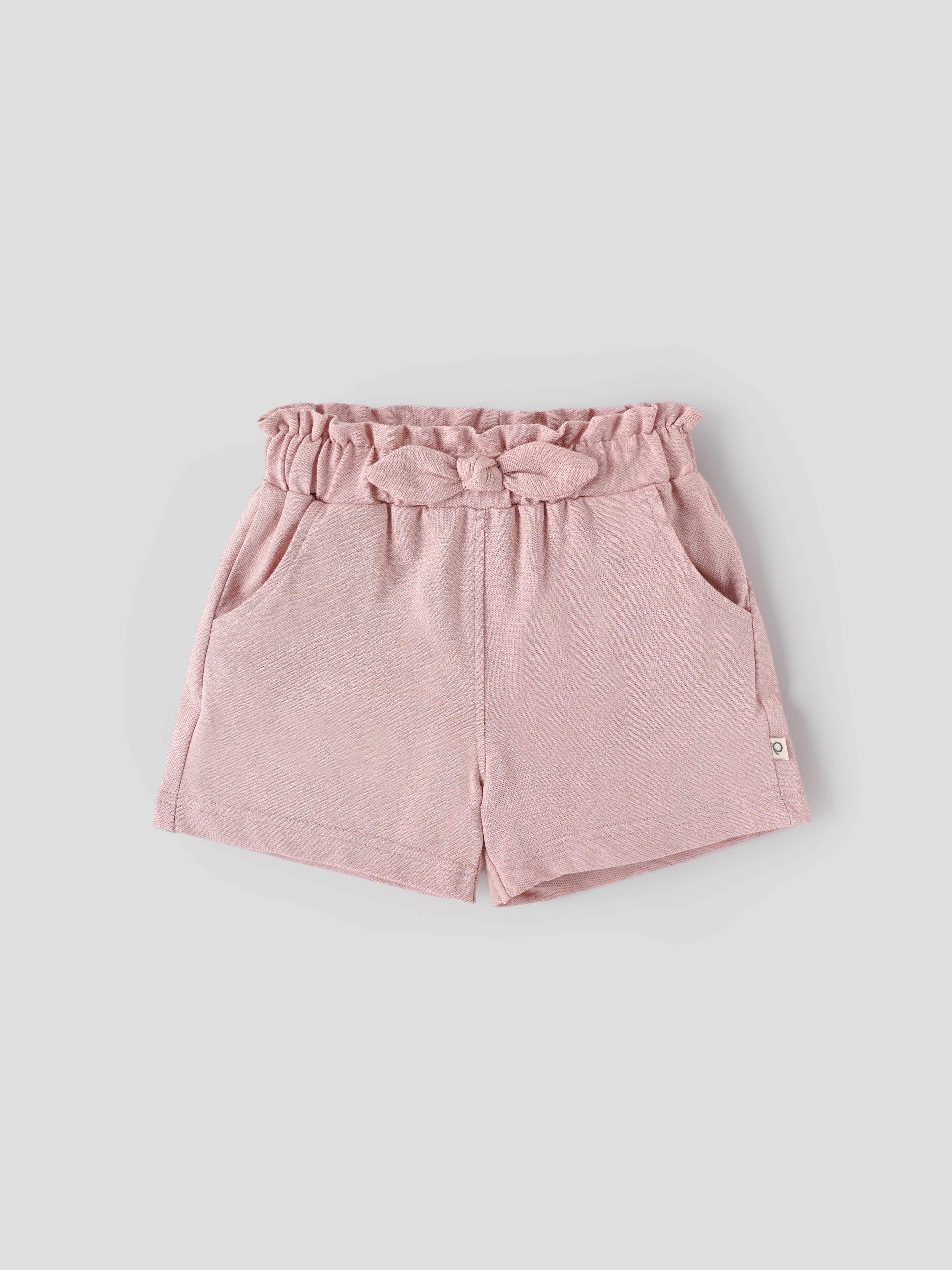 Popees Baby Girls Pink Cotton Shorts with Paperbag Waist & Bow| 9M–4Y