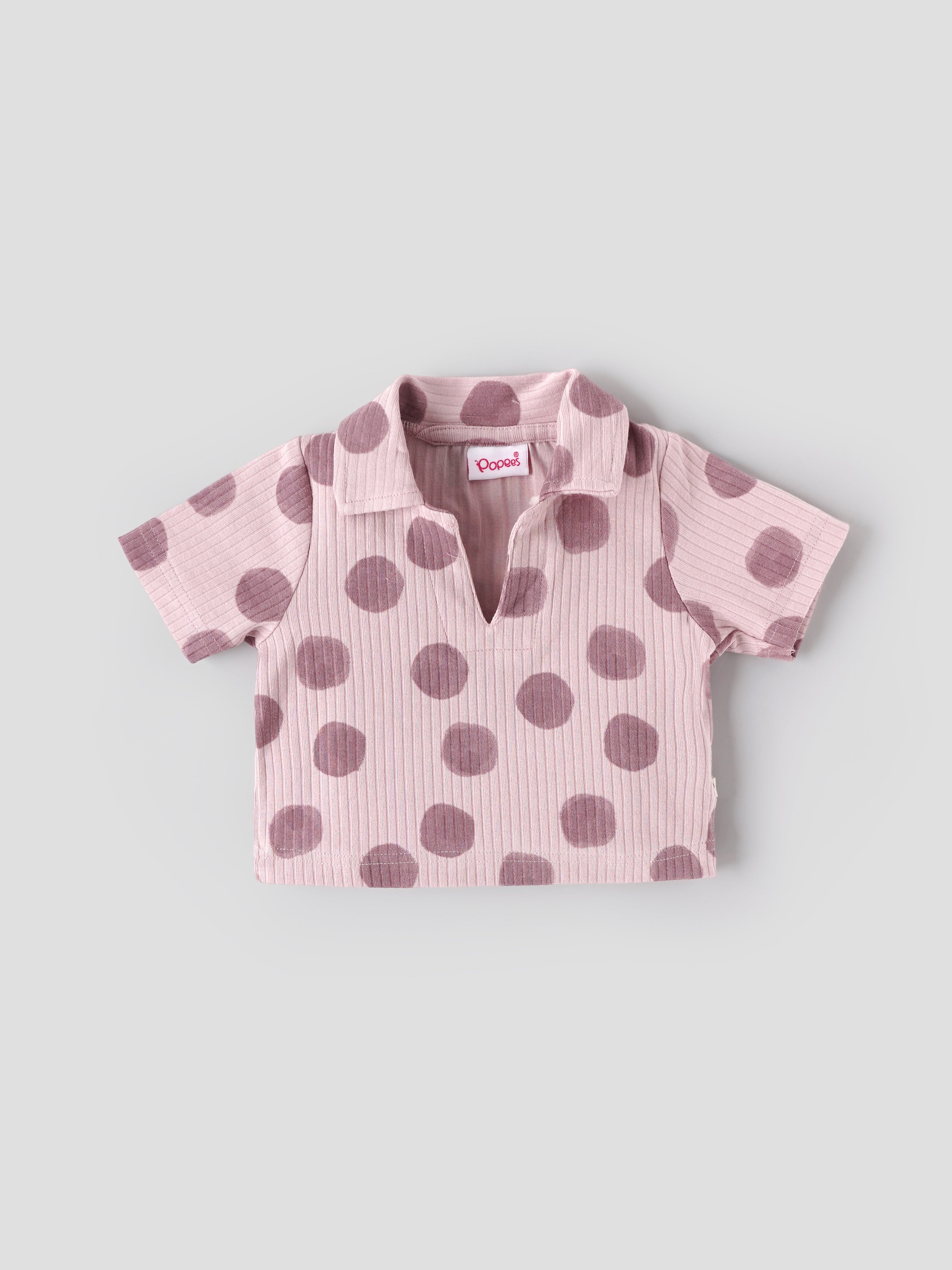 Popees Baby Girls Polka Dot Ribbed Half Sleeve Collared Top| 9M–4Y