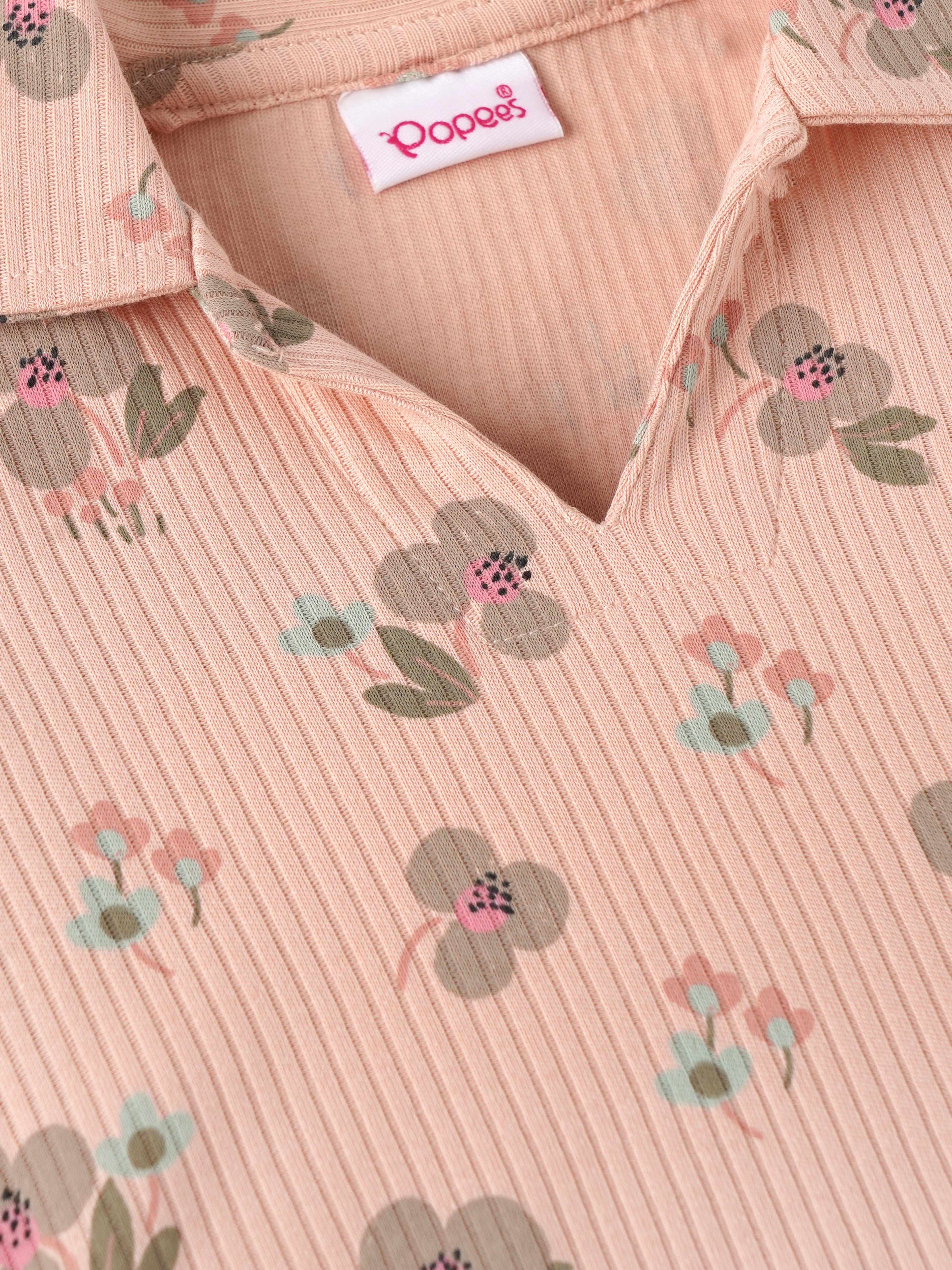 Popees Baby Girls Floral Print Ribbed Half Sleeve Collared Top| 9M–4Y