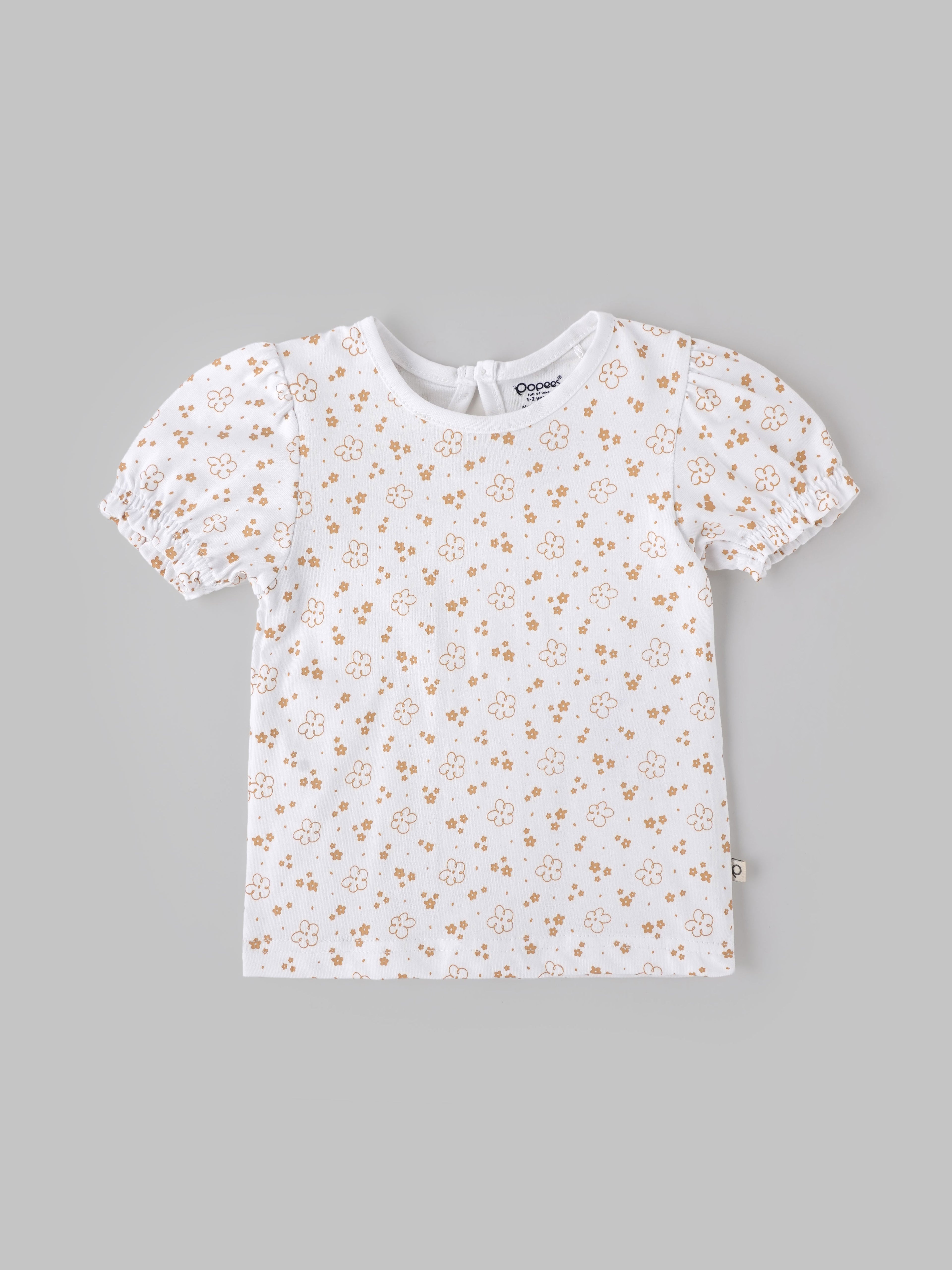 Popees Girls Floral Print Cotton Puff Sleeve Top for Kids (1–6 Years) | Soft Breathable Casual Summer Wear Outfit
