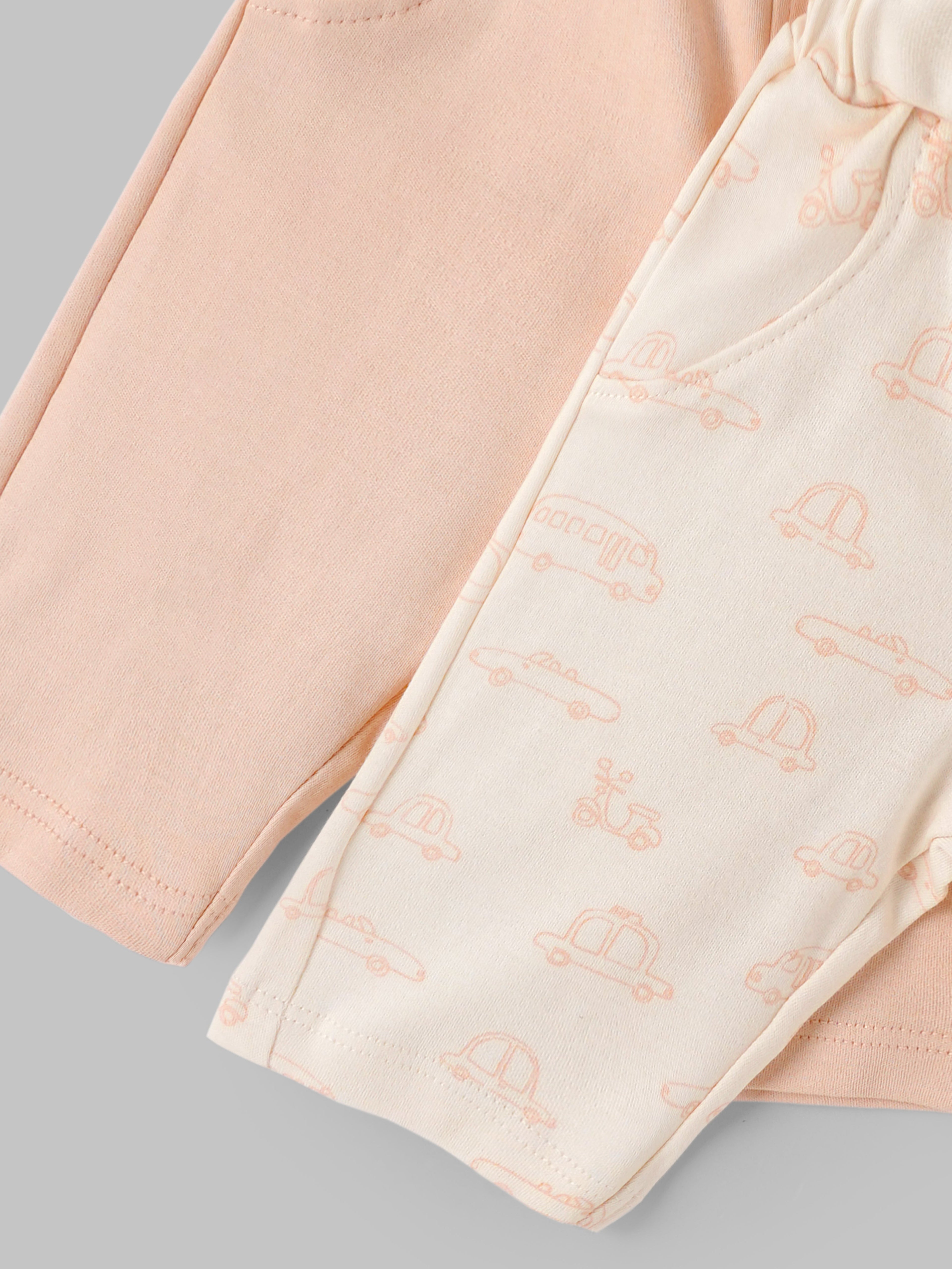 Popees Baby Boys Cotton Shorts Pack of 2 |Solid & Vehicle Print Elastic Waist (Size T, Newborn–9M)