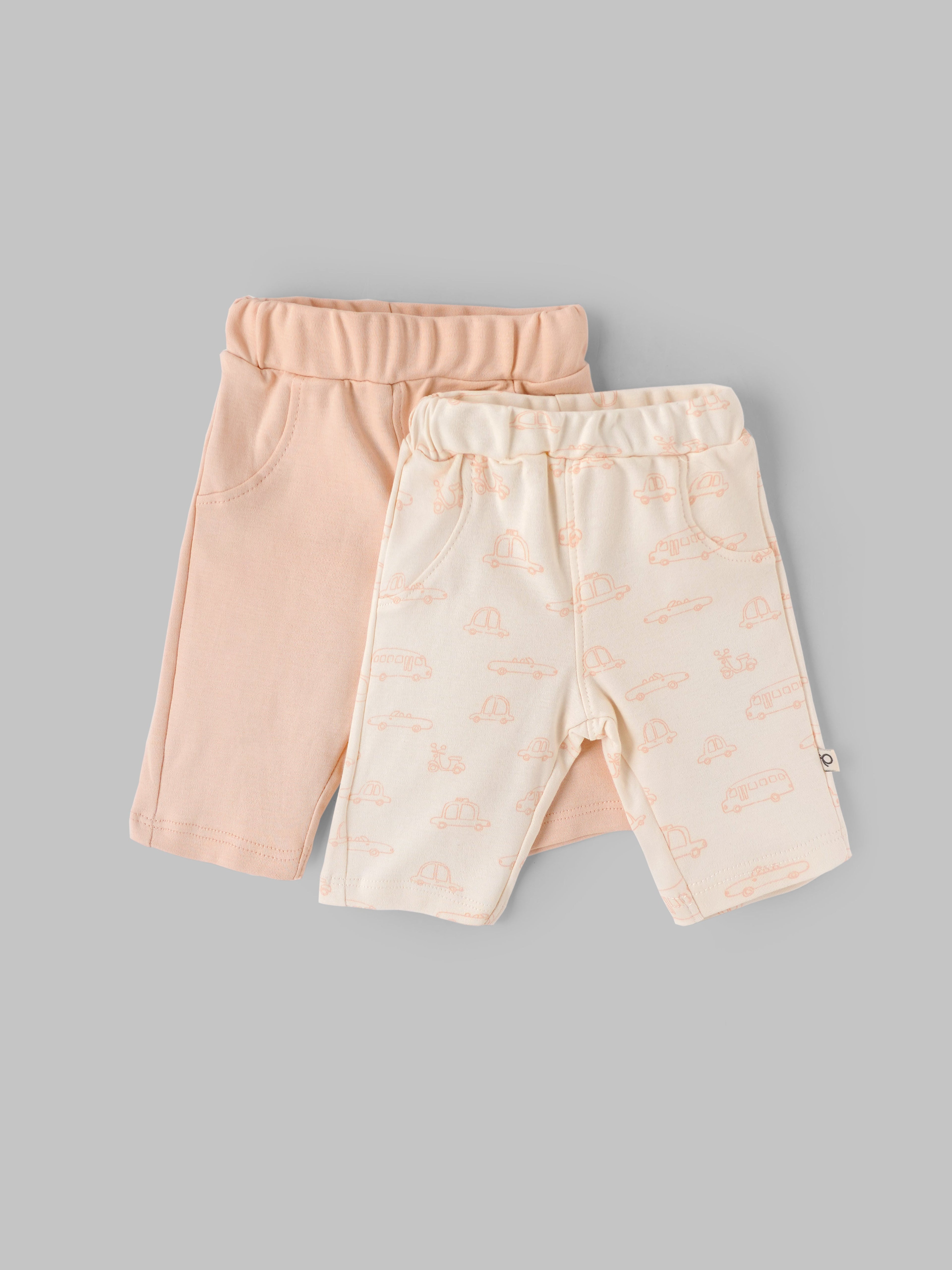 Popees Baby Boys Cotton Shorts Pack of 2 |Solid & Vehicle Print Elastic Waist (Size T, Newborn–9M)