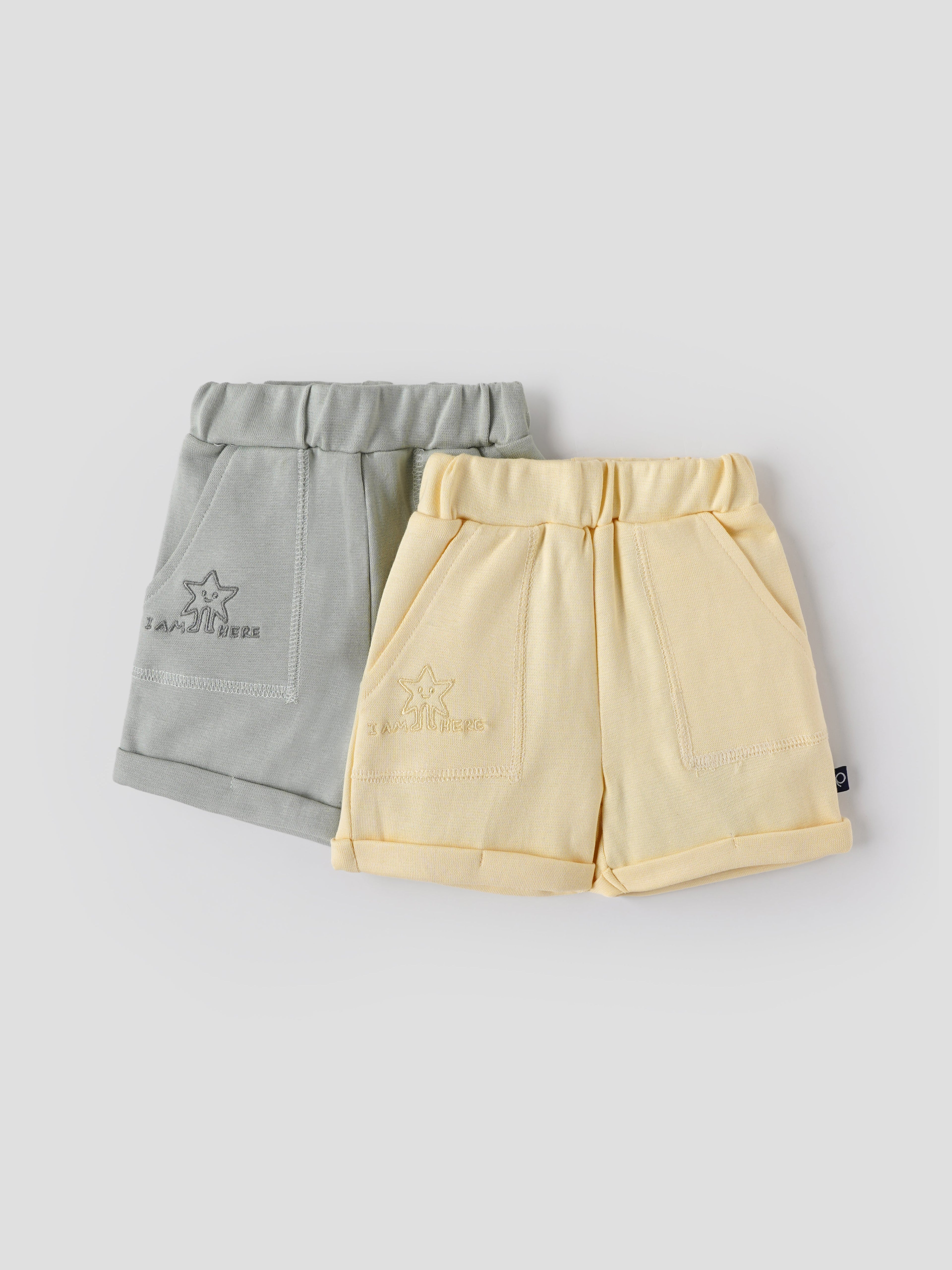 Popees Infant Unisex Soft Cotton Shorts Pack of 2| Grey & Yellow| 0-9 Months
