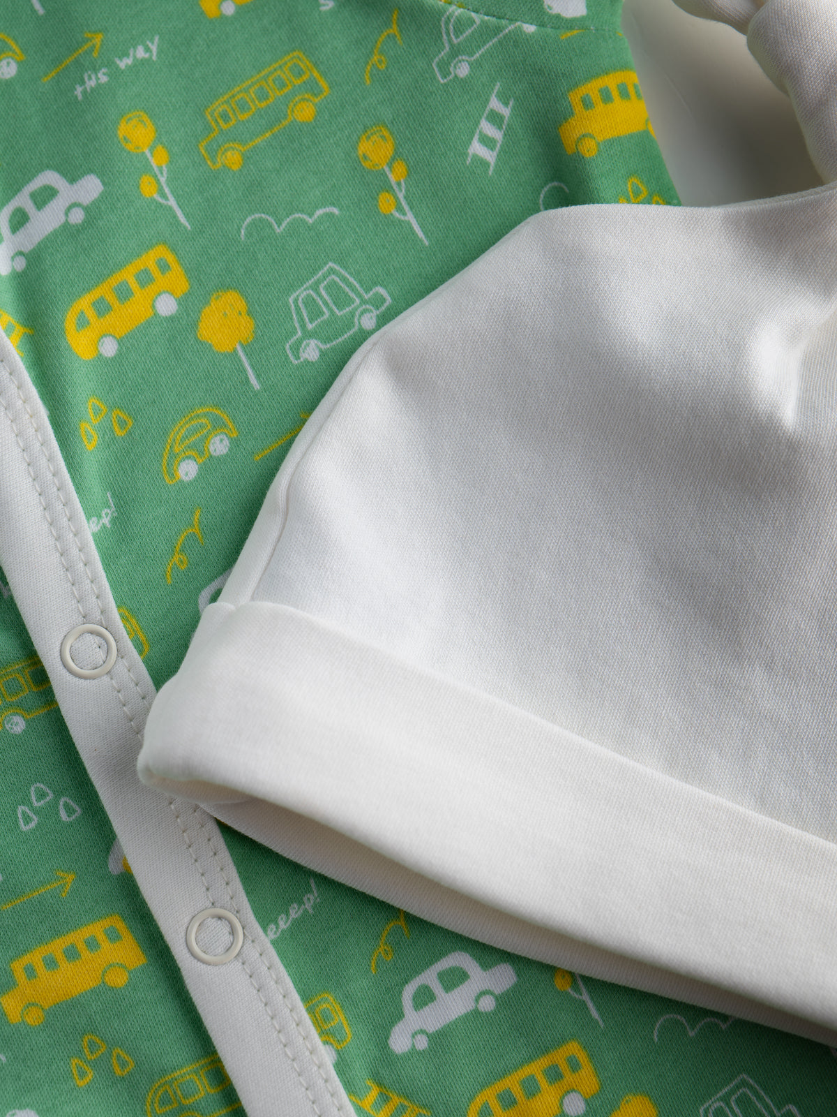 Popees Unisex Full-Sleeve Front-Open Sleepsuit with Cap & Vehicle Print (3-18 Months) for Boys