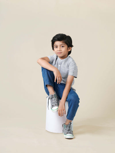 Classy & Striped Half Sleeved Mandarine Collar Shirt for Boys