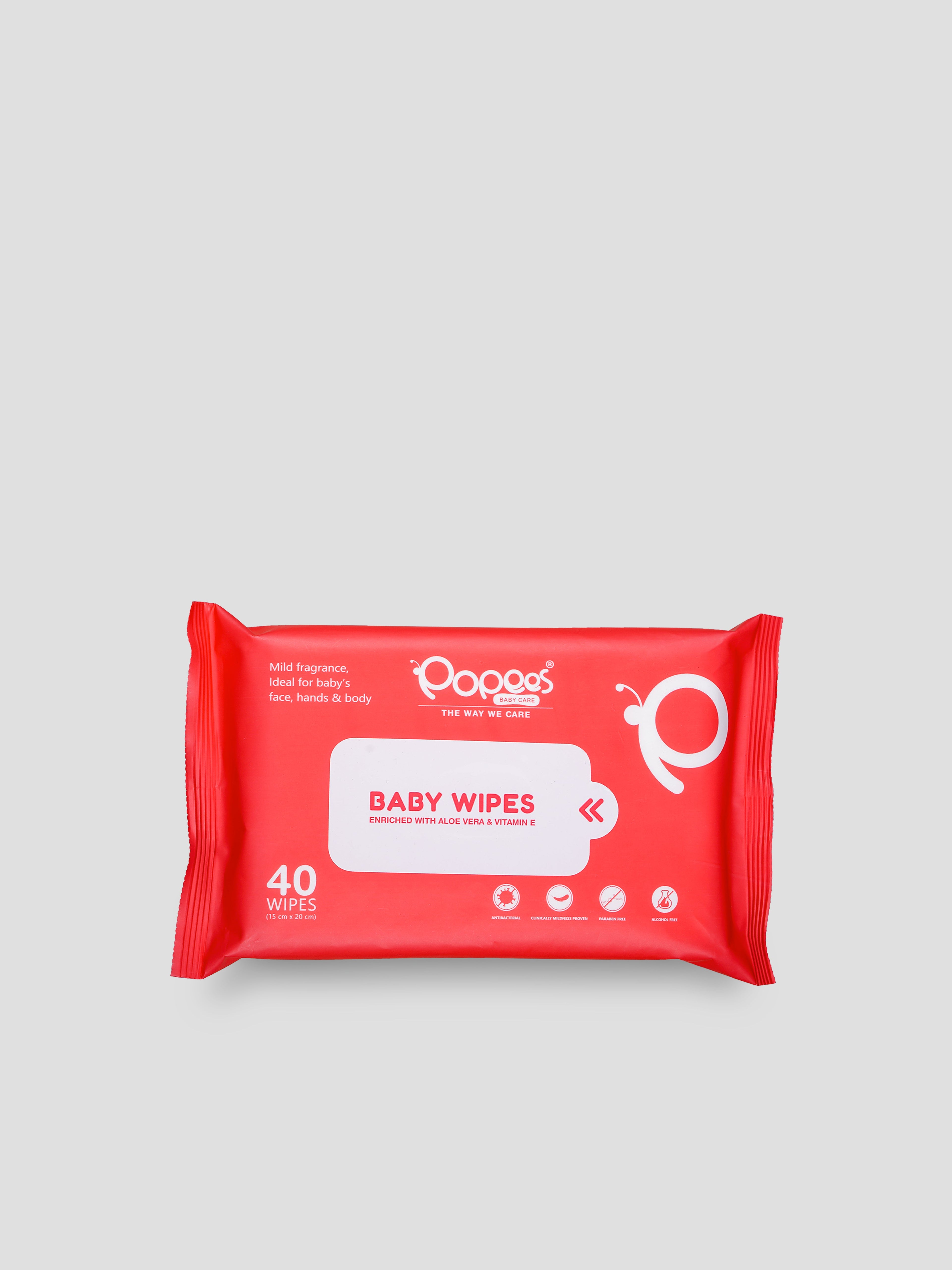 Popees Anti-bacterial Vitamin E & Aloe Vera Baby Wet Wipes - 40 PCS