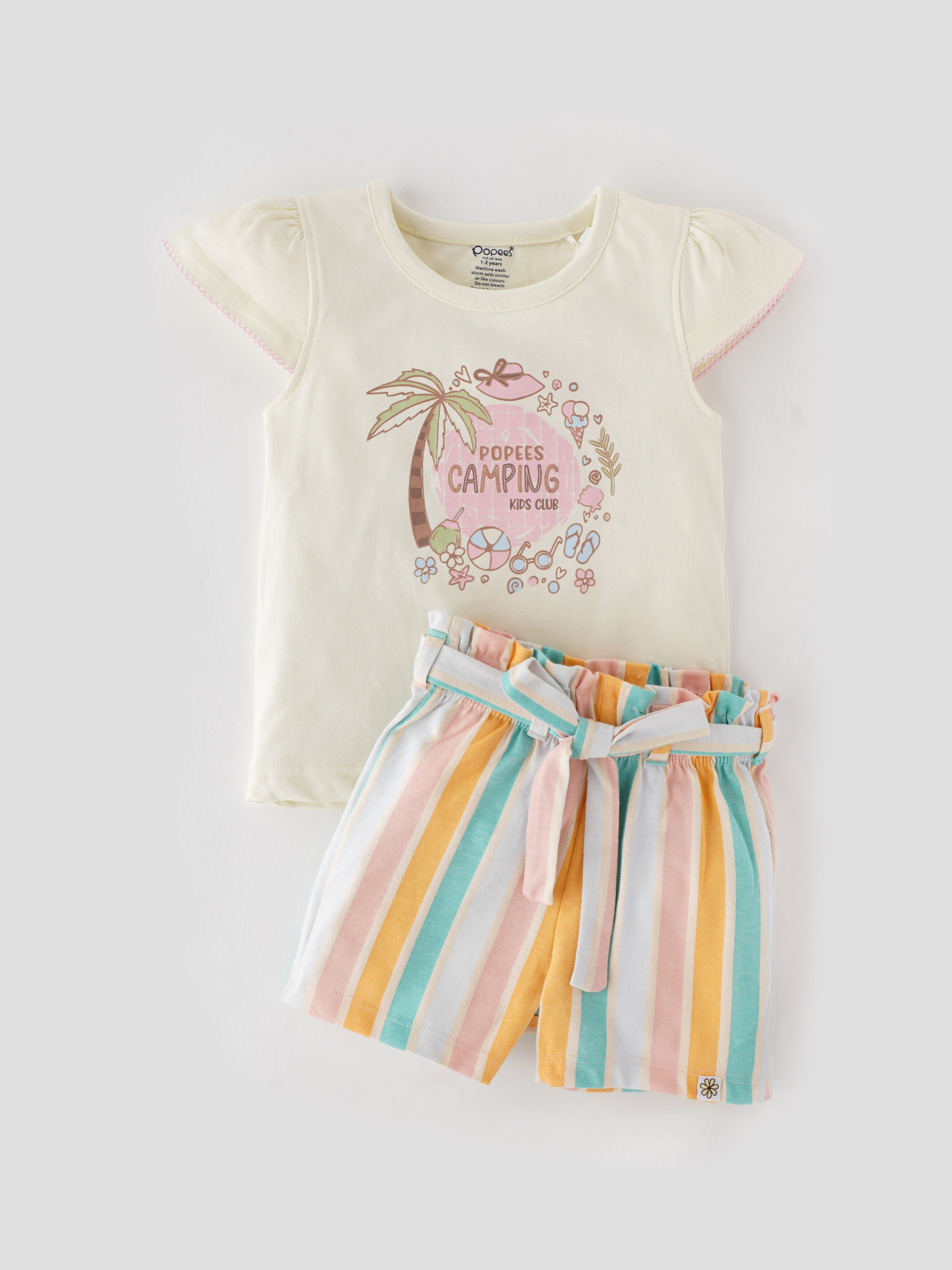 Popees Chest Printed Top with Multicolor Striped Shorts (1-8 Years) for Girls
