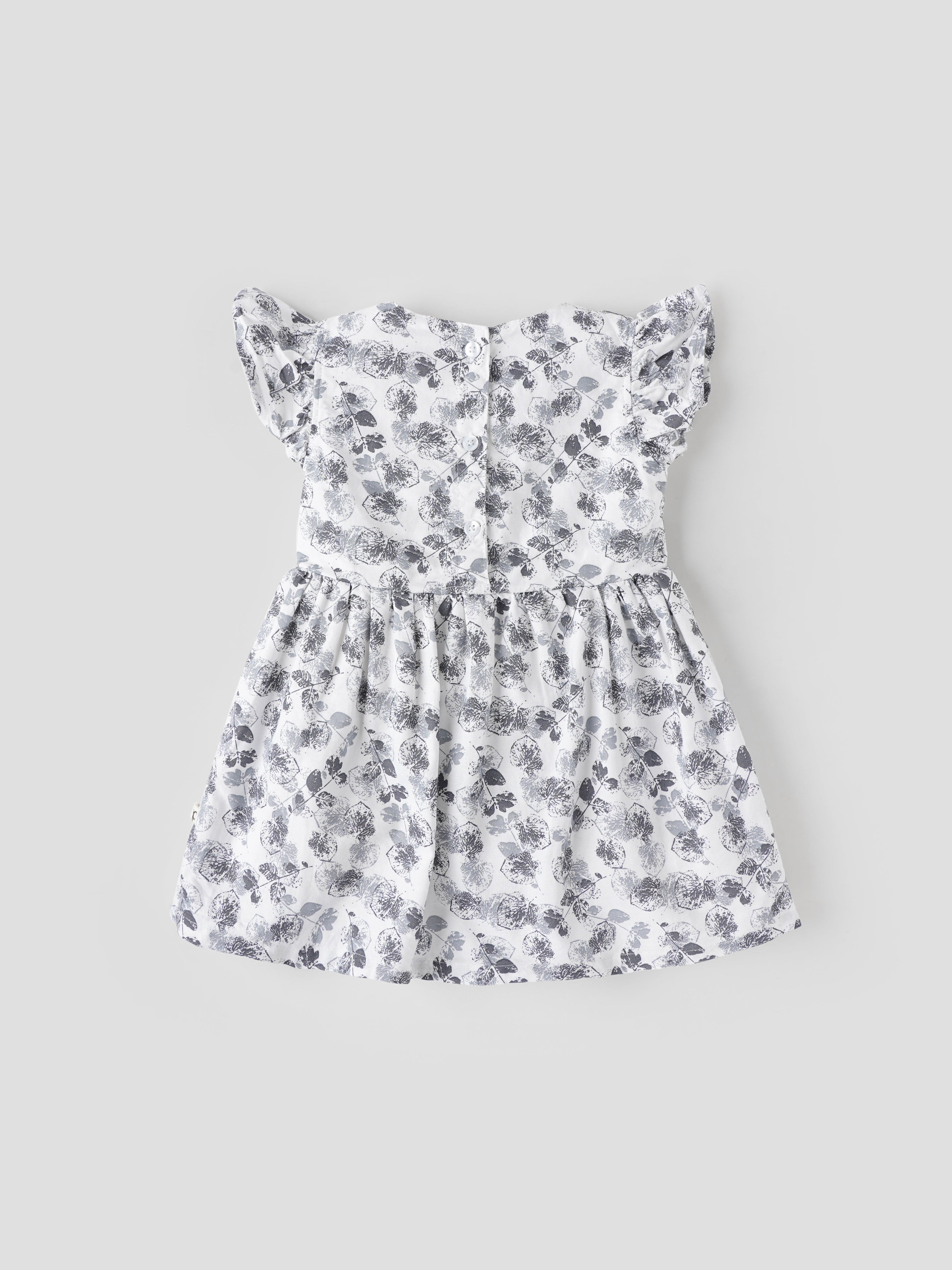 Popees Baby Girls Flutter Sleeve Cotton Dress| White & Grey| 3-36 Months
