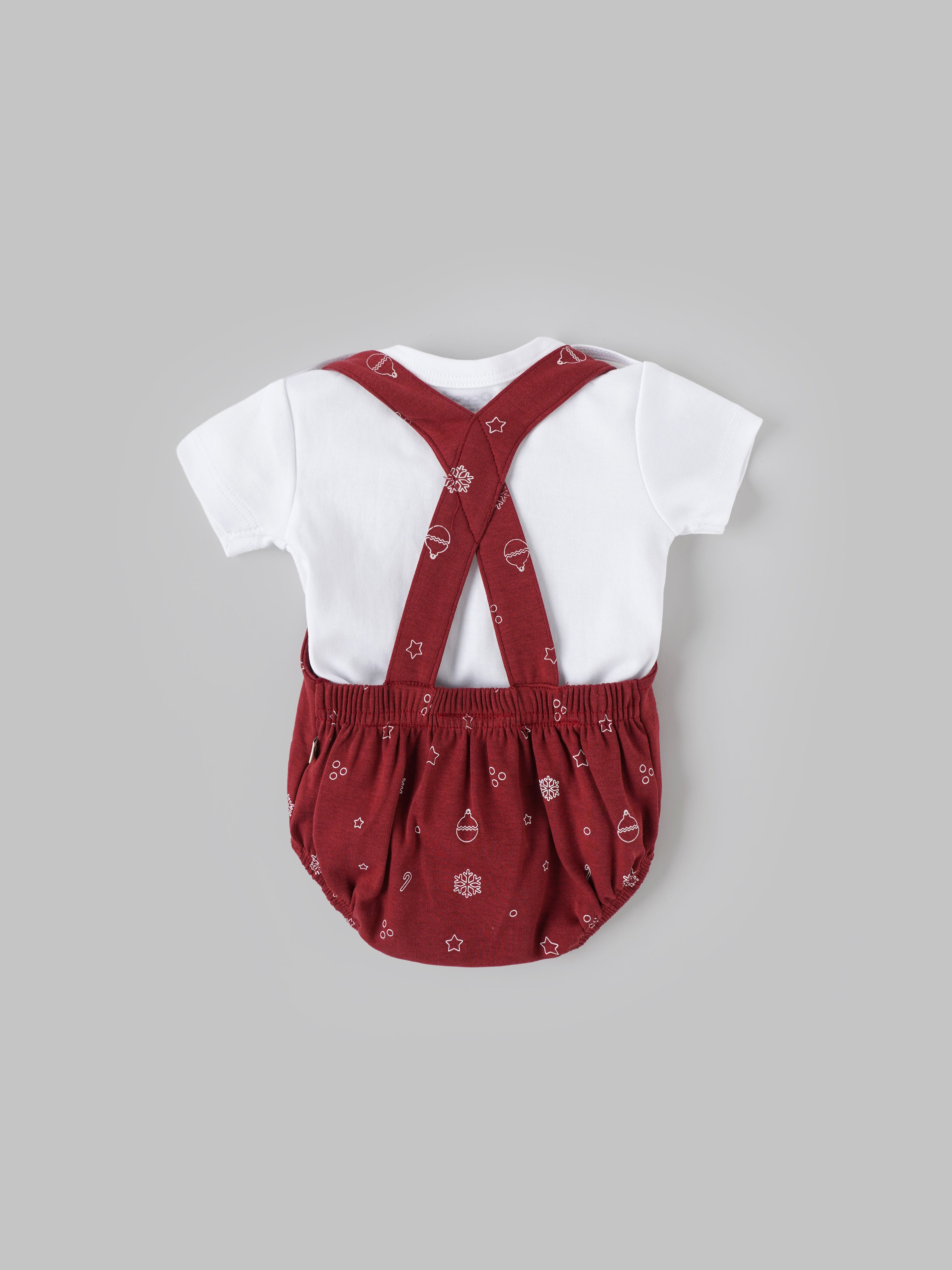 Popees Baby Boys Short Sleeve Dungaree with T Shirt| Red| 0-9 Months