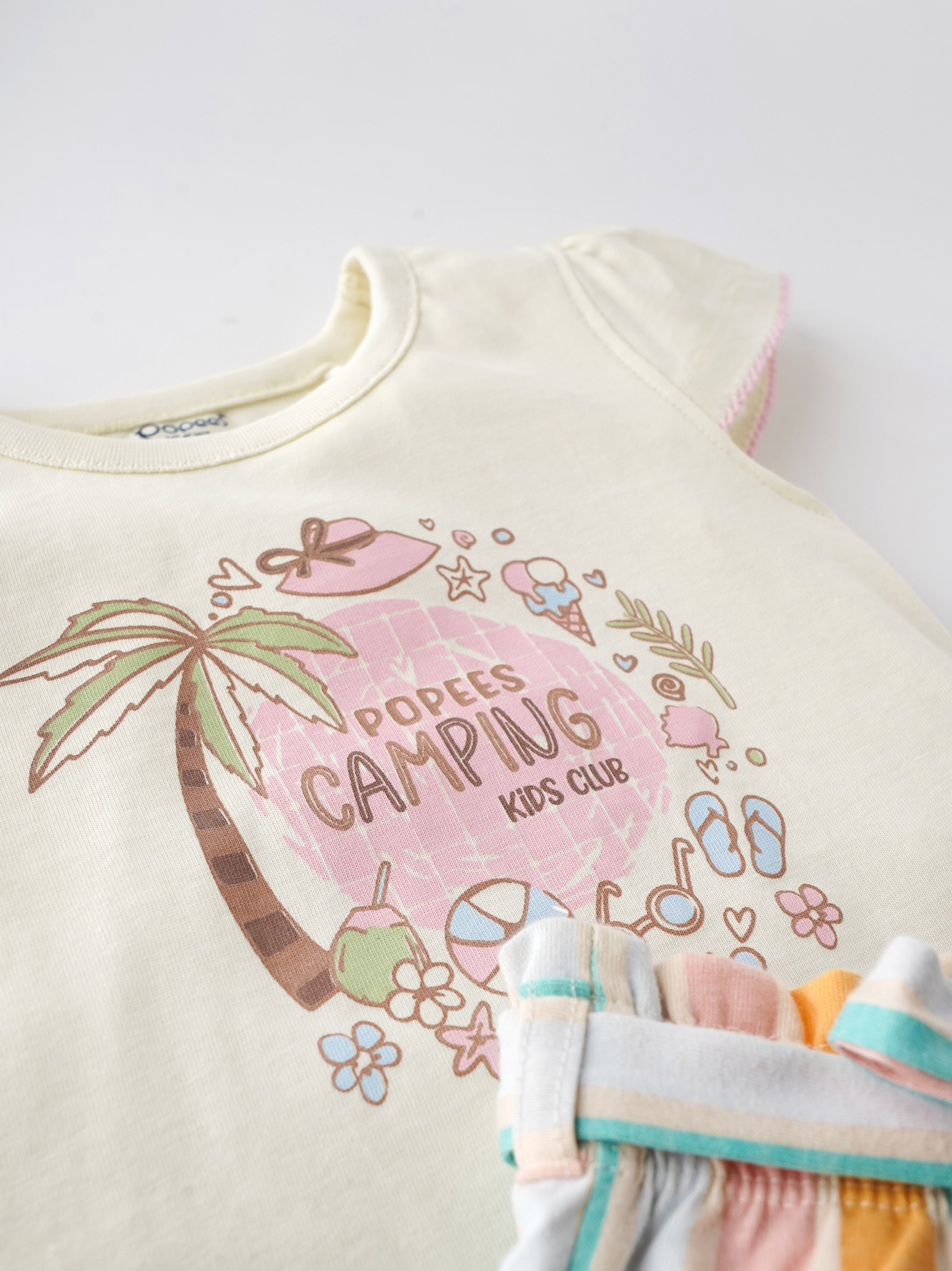 Popees Chest Printed Top with Multicolor Striped Shorts (1-8 Years) for Girls