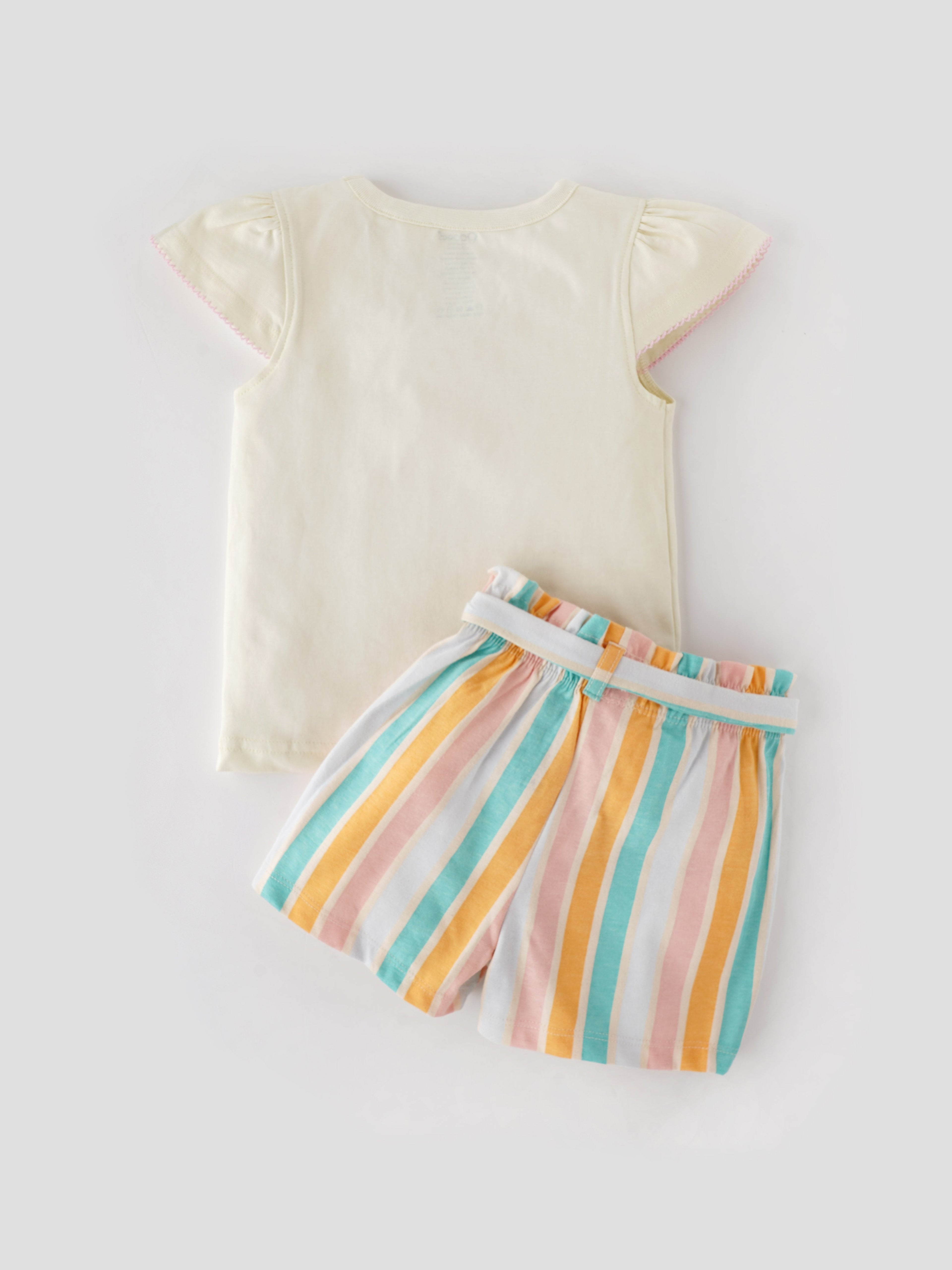 Popees Chest Printed Top with Multicolor Striped Shorts (1-8 Years) for Girls