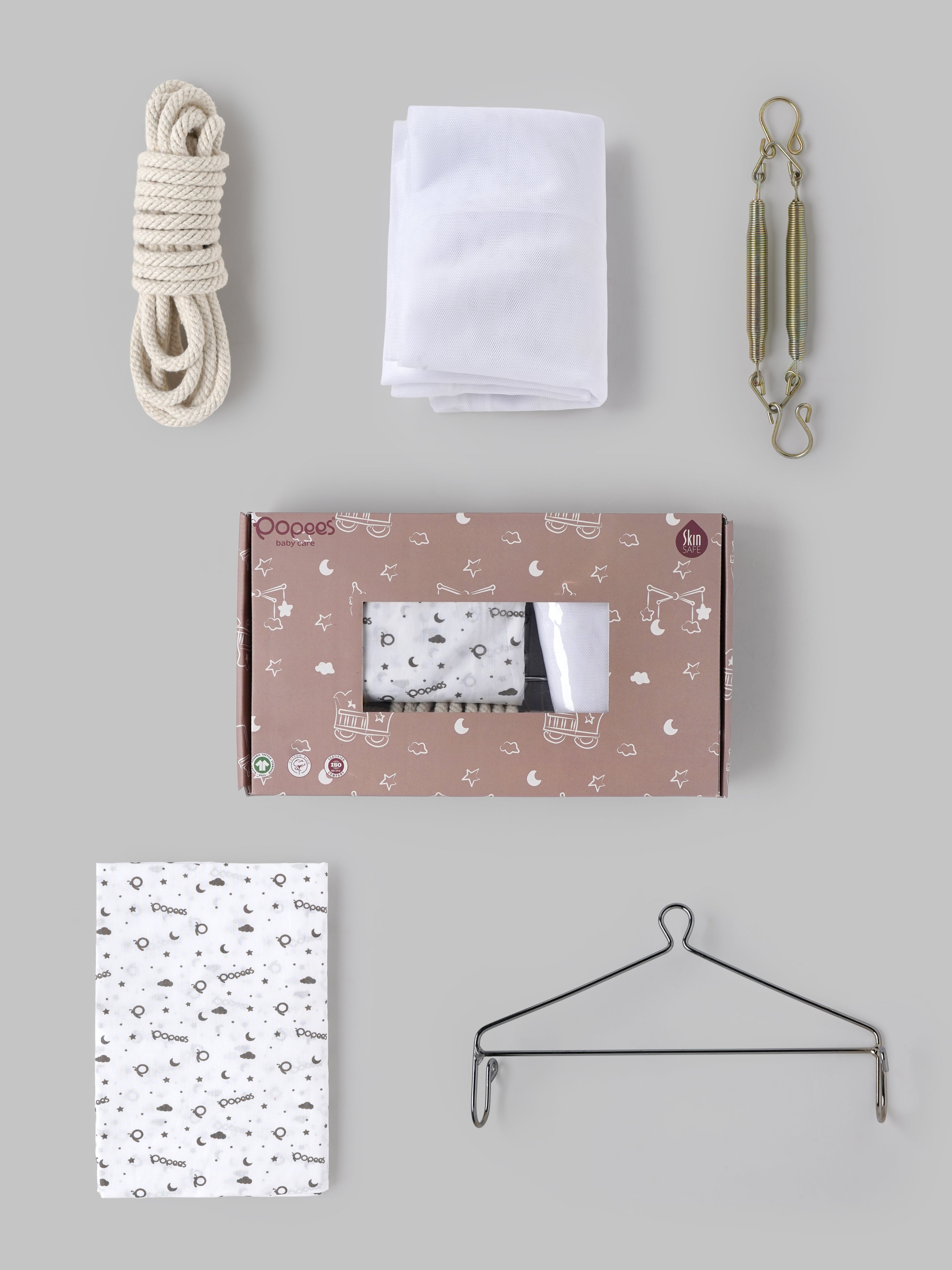 Popees Baby Cradle Set with Net, Cloth, Rope & Spring | Newborn Hanging Cradle Kit