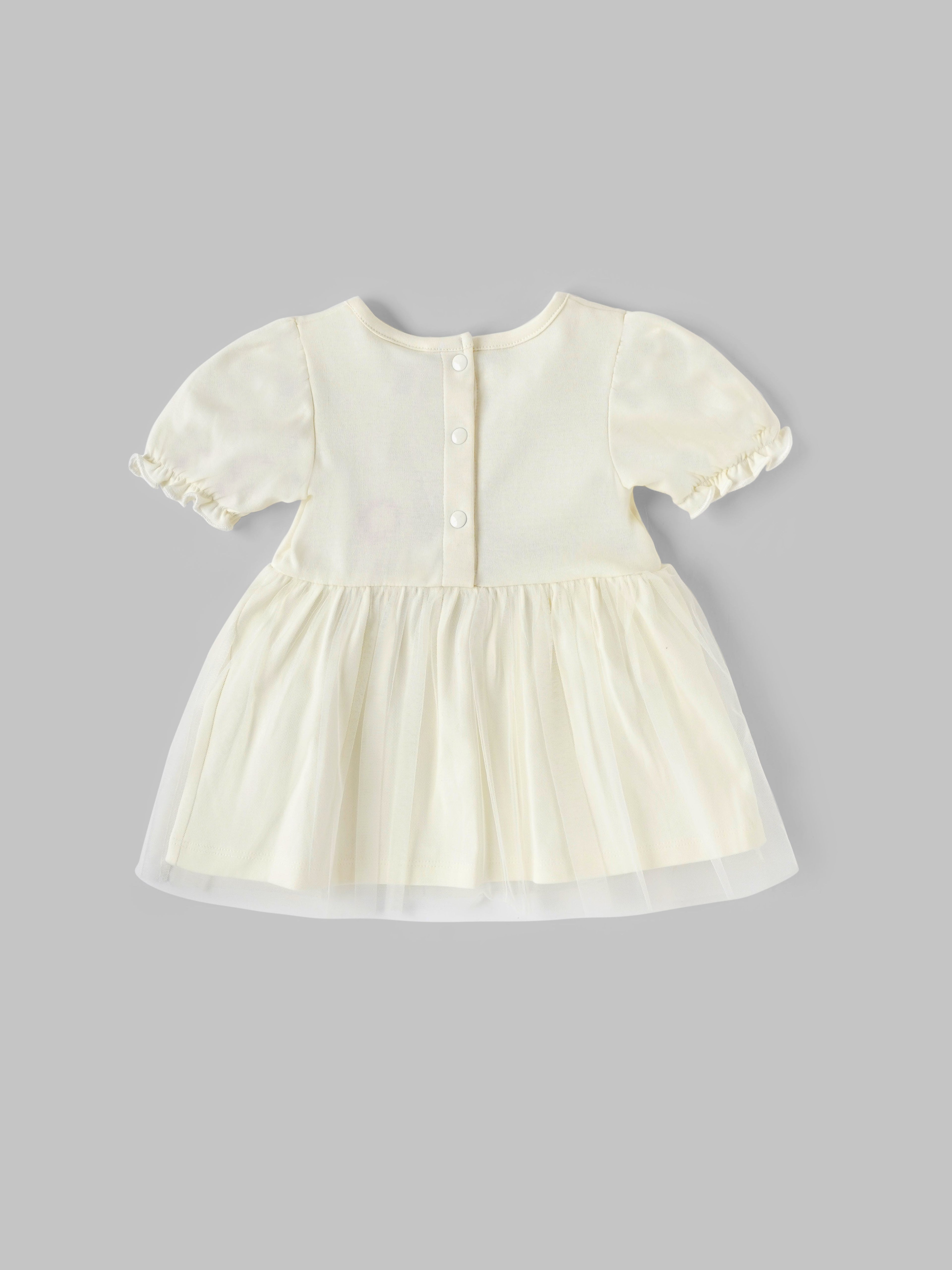 Popees Baby Girls Bow Detail Short Sleeve Dress with Panty| Cream| S-L Size