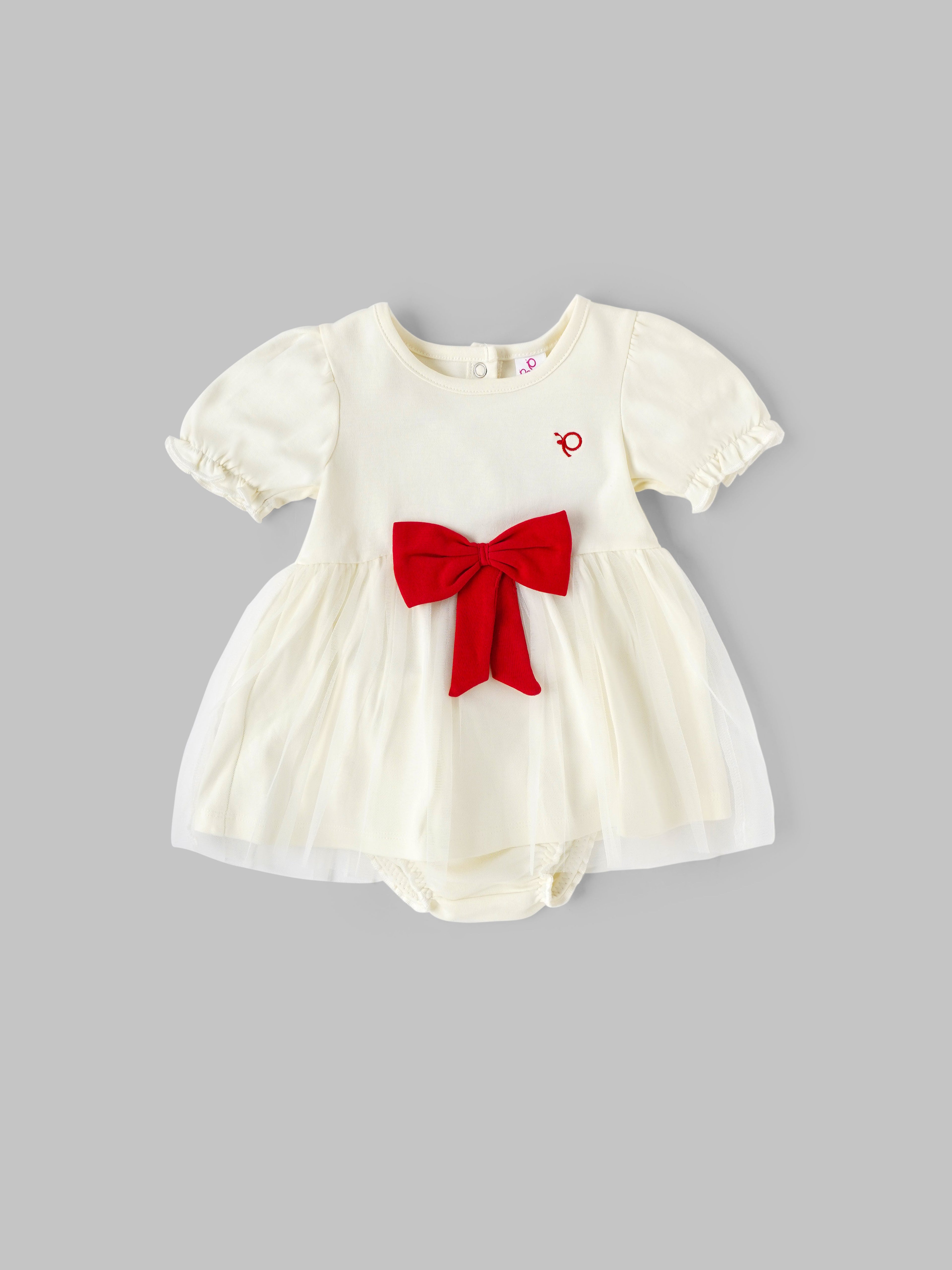 Popees Baby Girls Bow Detail Short Sleeve Dress with Panty| Cream| S-L Size