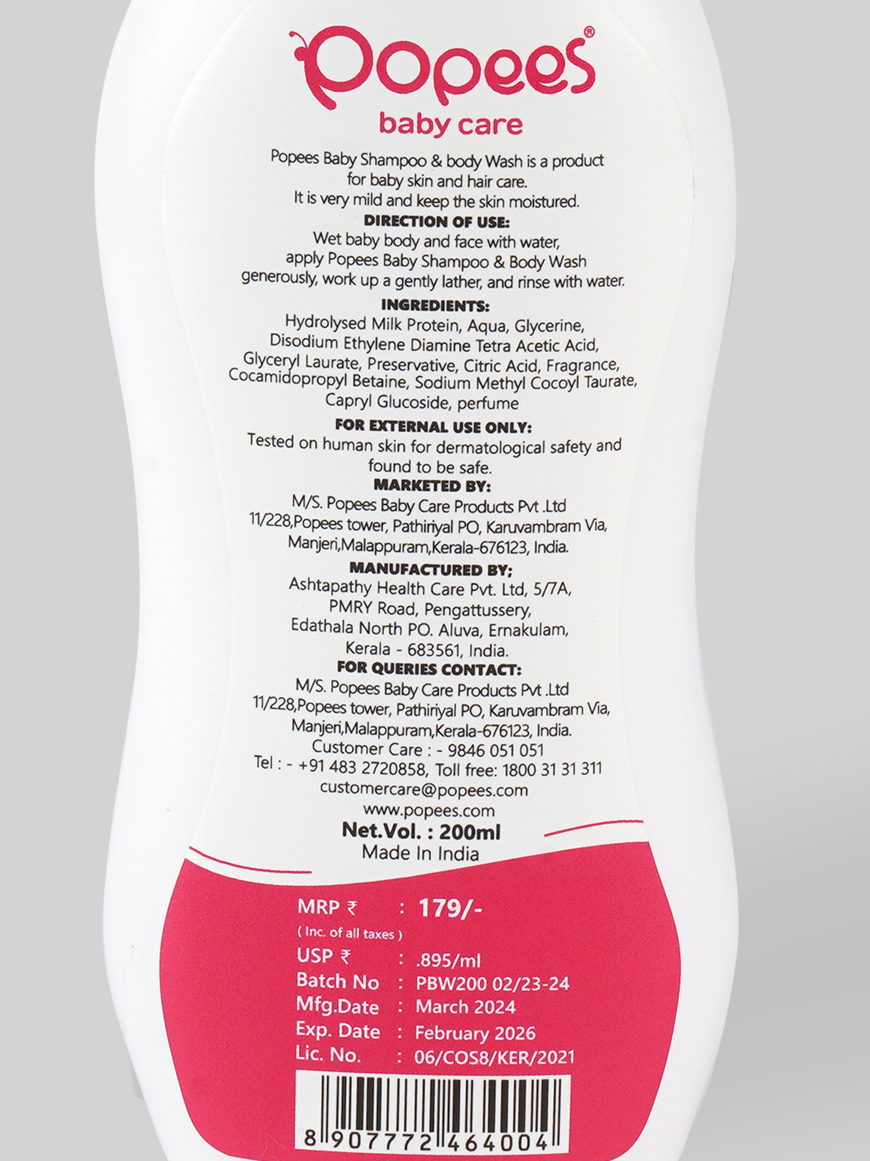 Popees Dermatologically Tested Baby Body Wash & Shampoo with pH 5.5 Prevents Dryness & Irritations