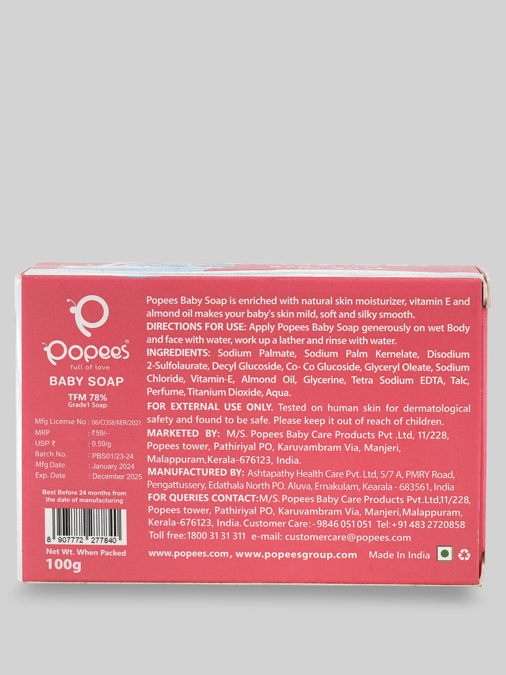 Popees Grade 1 Natural ingredient TFM 78% Baby Soap