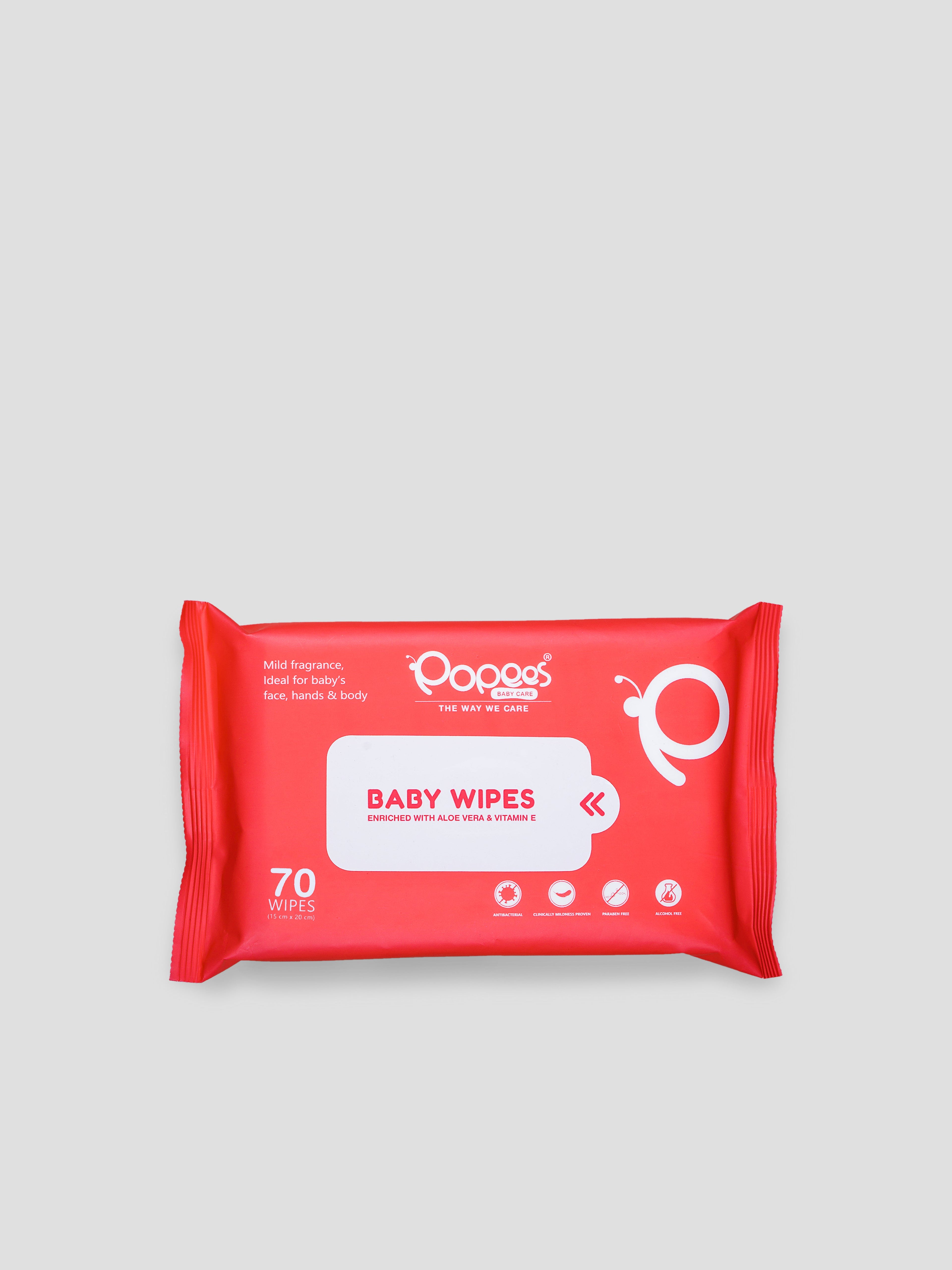 Popees Anti-bacterial Vitamin E & Aloe Vera Baby Wet Wipes - 70 PCS