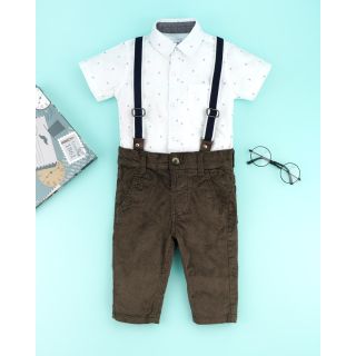 Half Sleeve Printed Shirt and Pants with Suspenders for Baby Boys-Olive