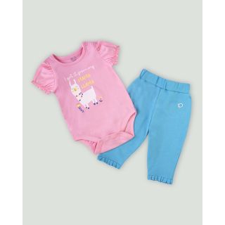 Round Neck Printed Candy Pink Bodysuit with Pants For Baby Girl