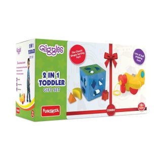 Funskool Giggles, 2 in 1 Toddler Multicolour Giftset,Shape Sorting Cube and Aeroplane Pull Along Toy, Develops Motor Skills,18 Months and Above, Infant & Pre-School Toys