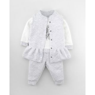 Iashi Full Sleeve Top and Pants with Jacket for Baby Girl | Winter Collection | White Melange