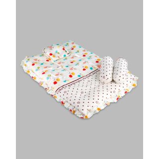 Cherry Printed Baby Bed With Baby Pillow and Bolsters - White-M (6-12M)
