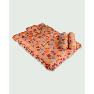 Fruits Printed Baby Bed With Baby Pillow and Bolsters - Dark Peach