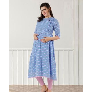 Cotton Comfort - Maternity Kurthi in Blue with Pink Print | Pomees PW-361