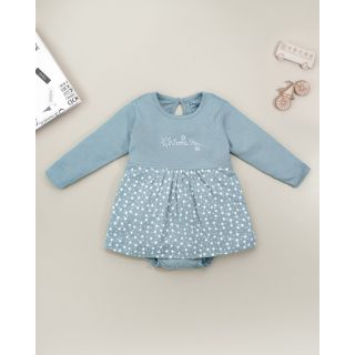 Tiore Full Sleeve Cotton Frock and Bloomers - Silver Blue